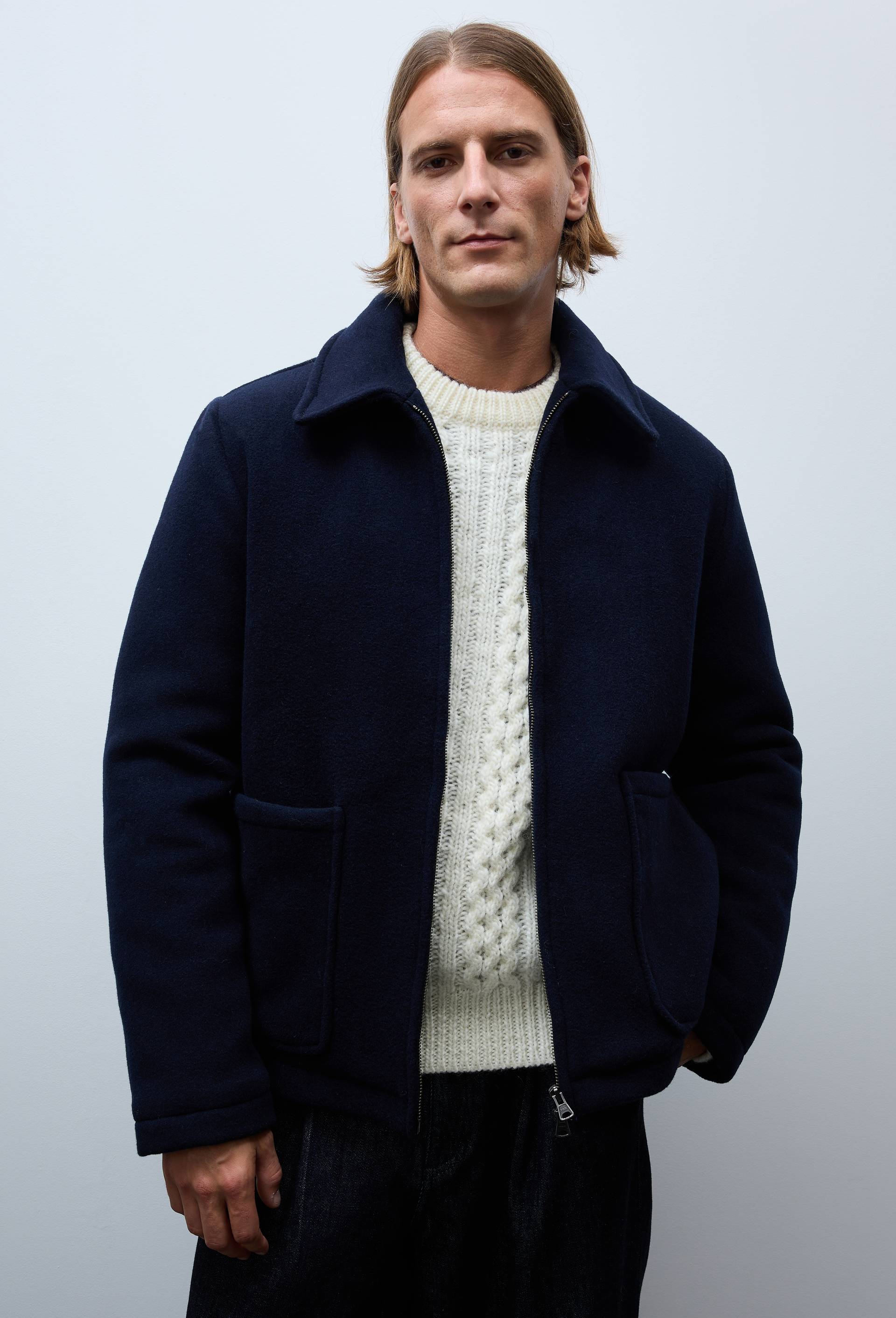 Veste zipp&eacute; contenant de la laine, Bleu fonc&eacute;, large image number 0