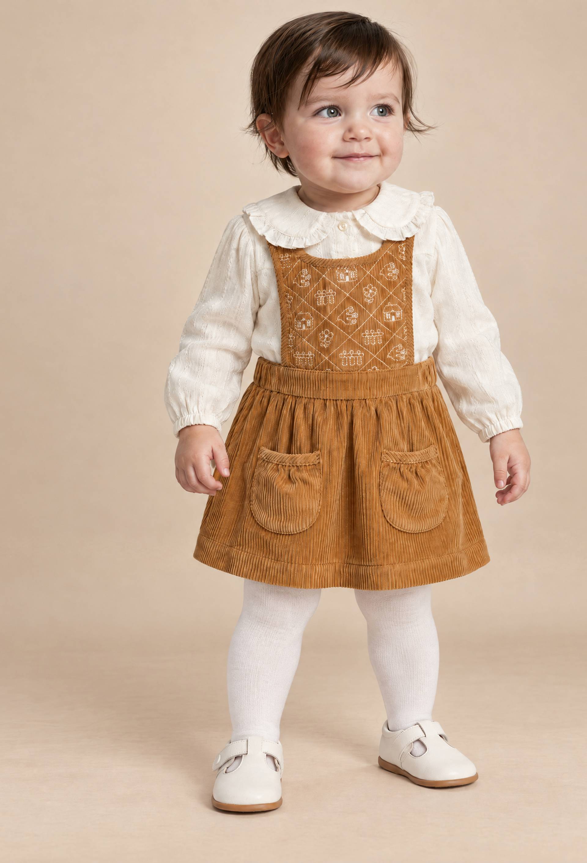 Robe en velours brod&eacute;e en coton BIO GOTS, Brun clair, large image number 0.0