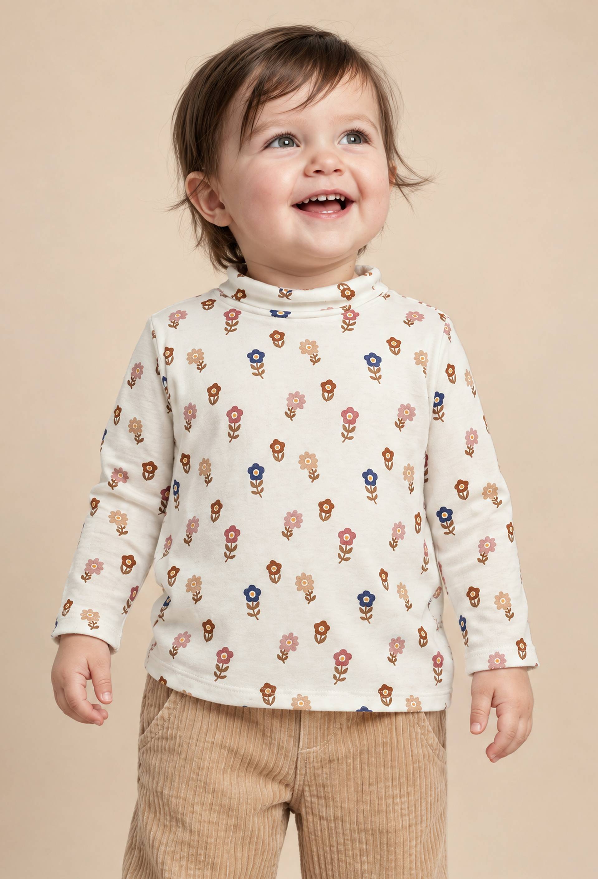 T-shirt manches longues col roul&eacute; imprim&eacute; en coton BIO GOTS, Beige clair, large image number 0.0
