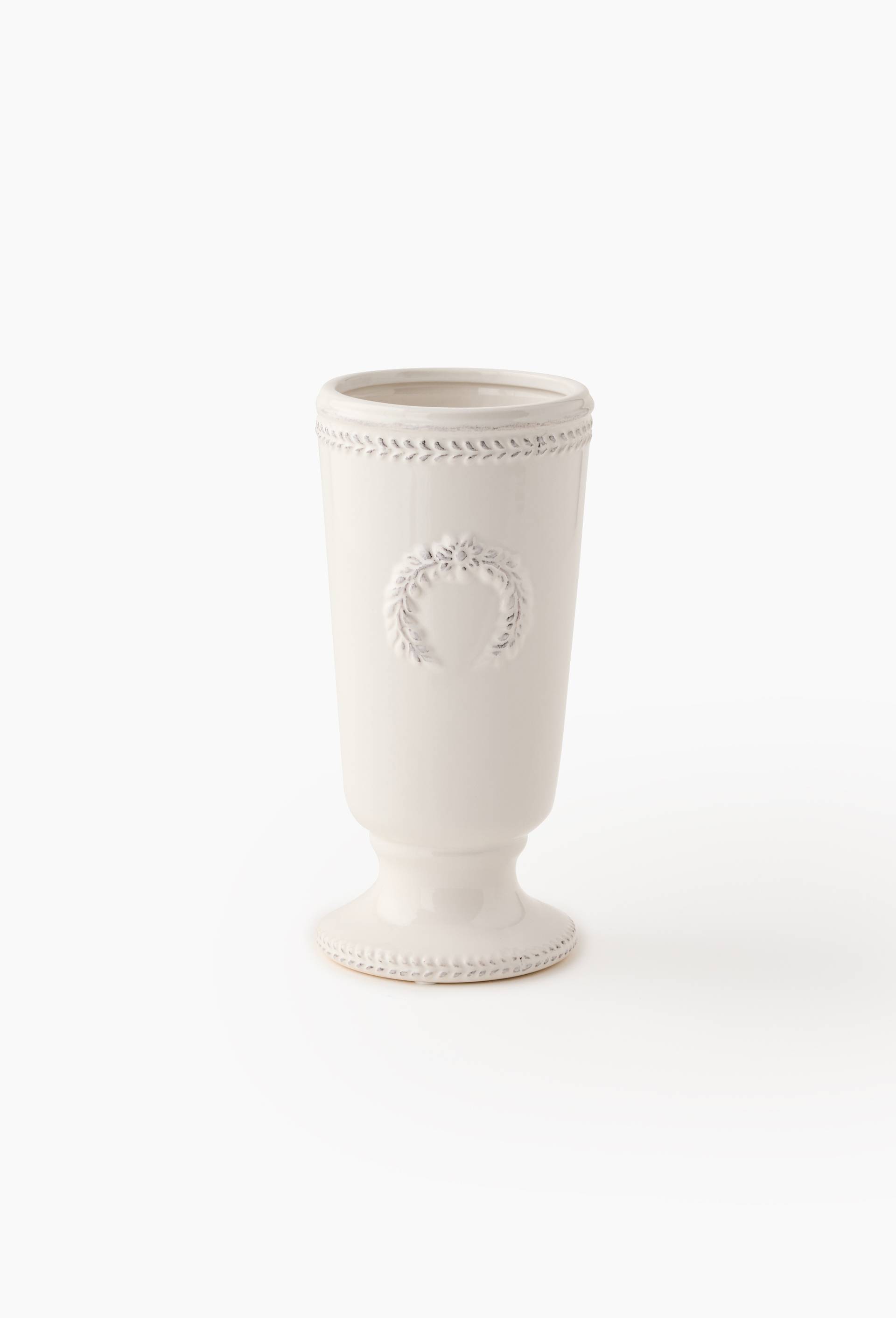 Vase coupe emboss&eacute;, 12,9xH27,50cm en gr&egrave;s, Ecru, large image number 0