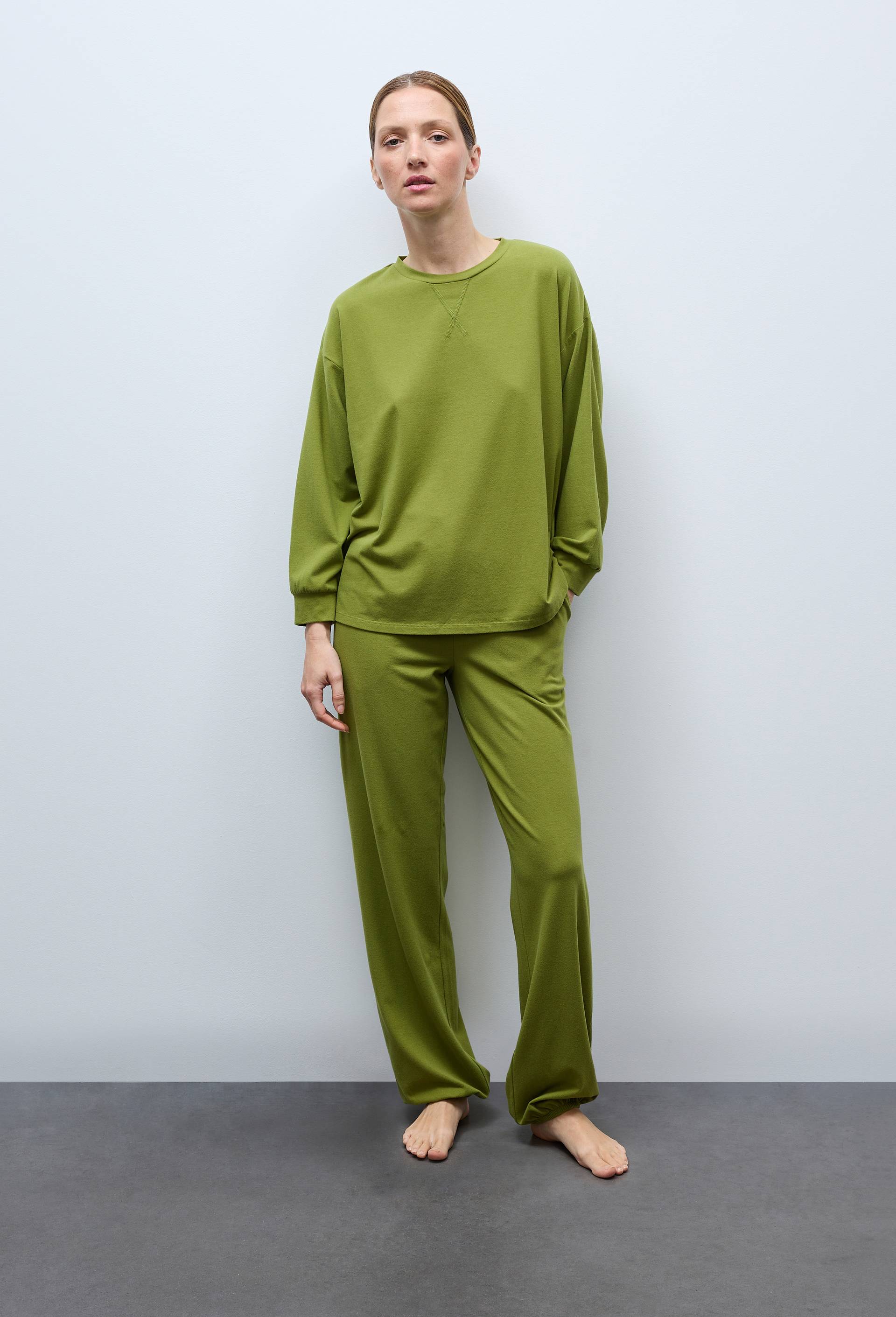 Pantalon uni en coton et modal, Vert, swatch image
