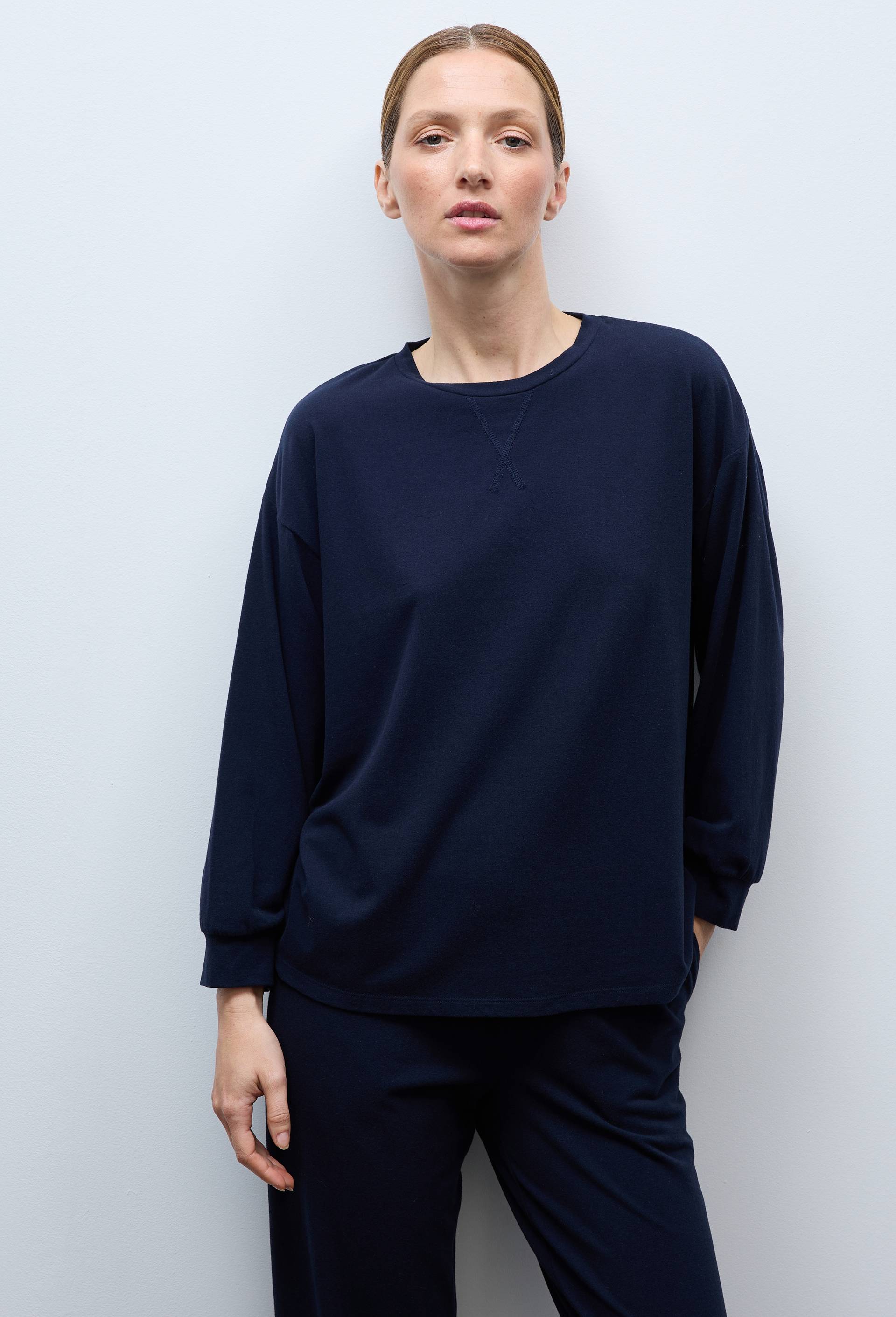 Sweat uni en coton et modal, Bleu fonc&eacute;, swatch image