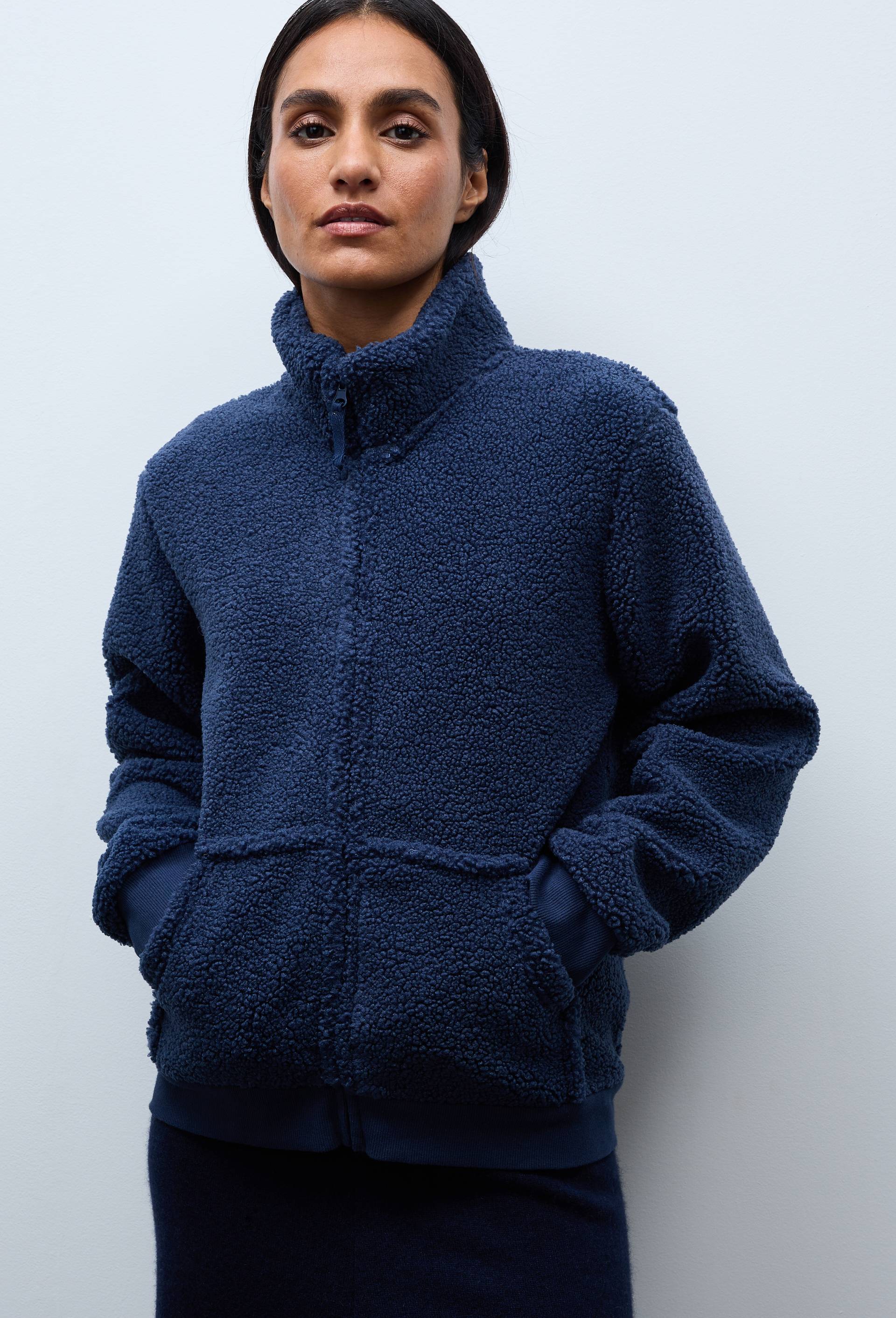 Veste zipp&eacute;e col montant en sherpa, Bleu fonc&eacute;, large image number 0