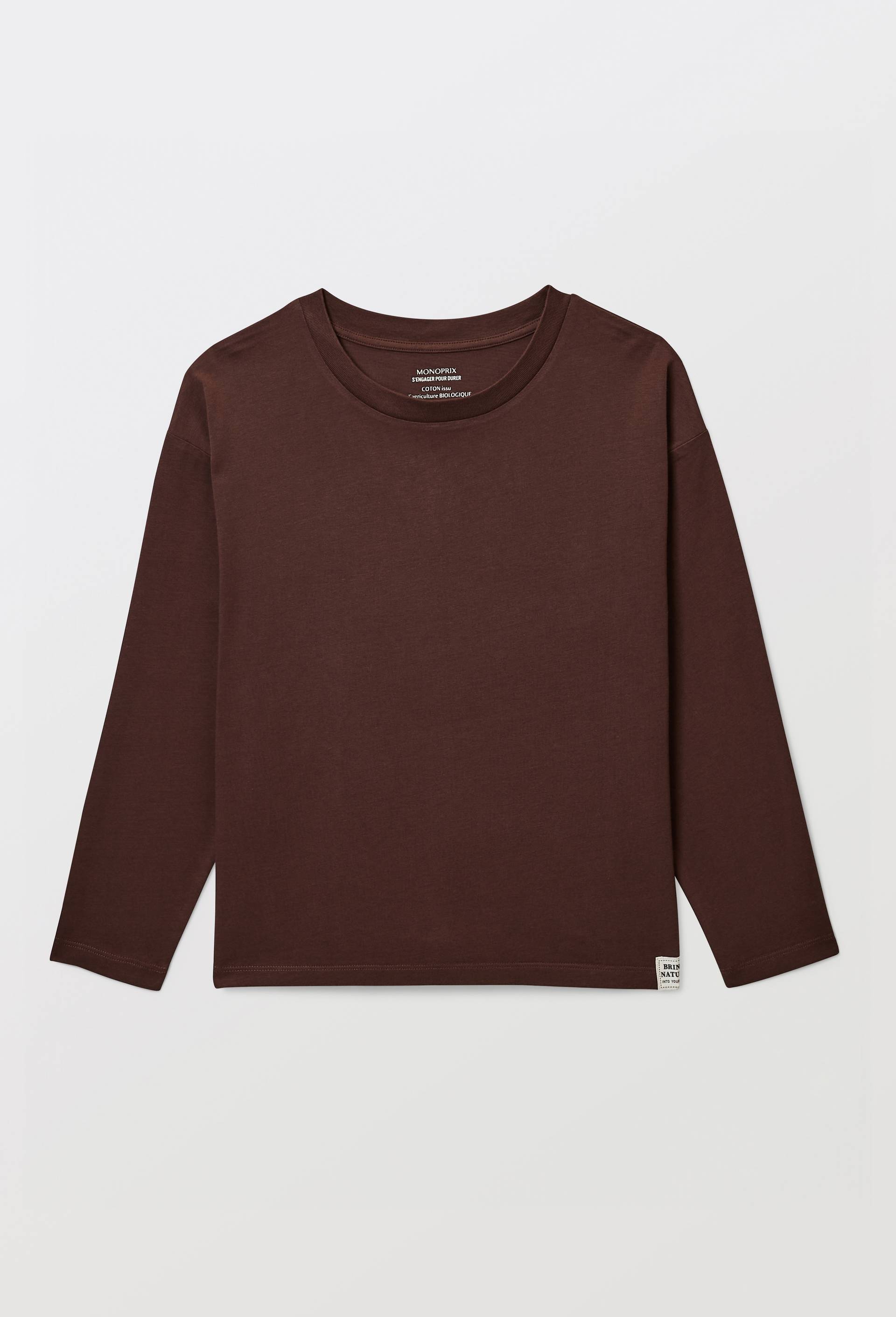 T-Shirt manches longues uni en coton BIO GOTS, Brun fonc&eacute;, large image number 1.0