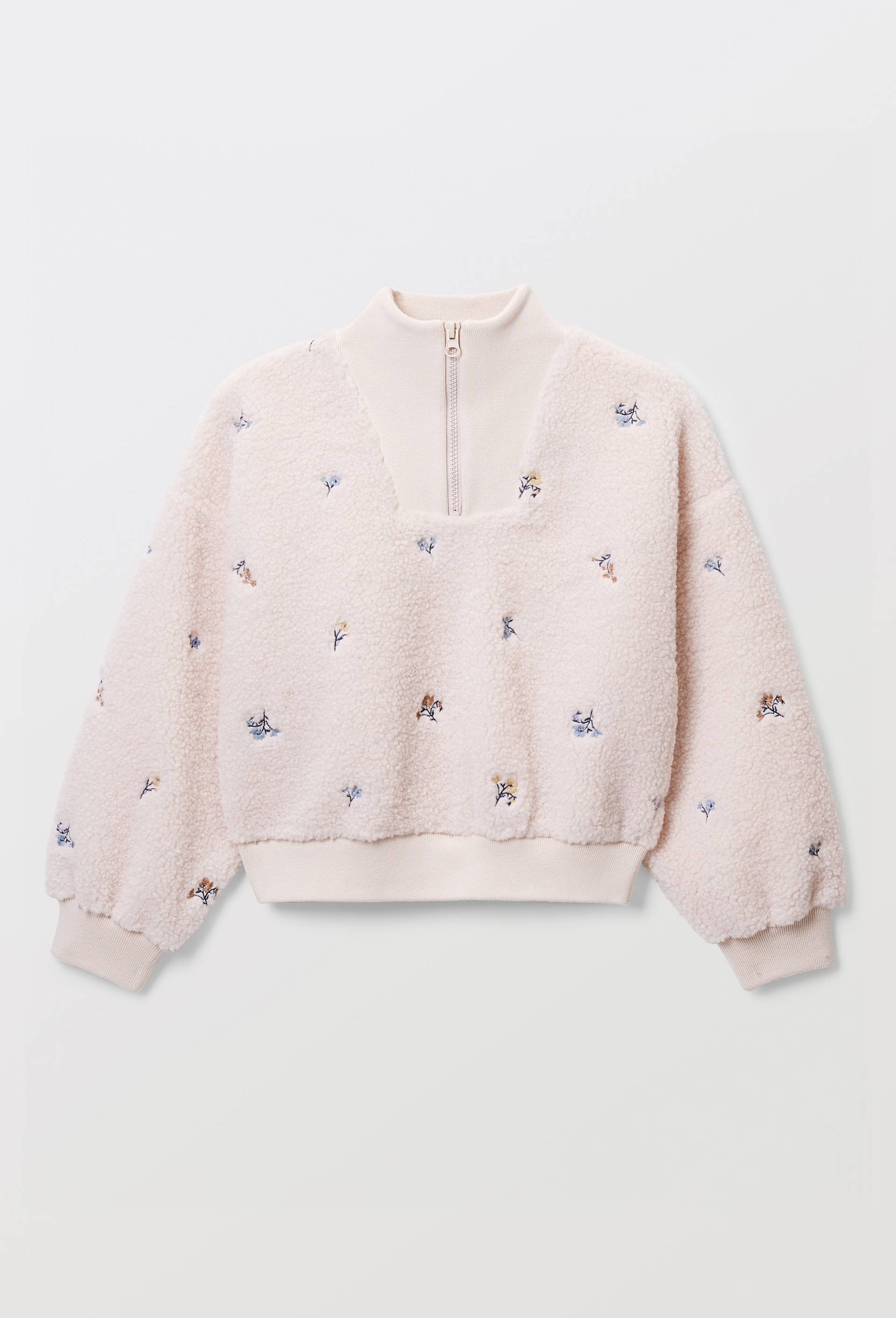 Sweat col montant brod&eacute; en sherpa, Beige clair, large image number 0.0