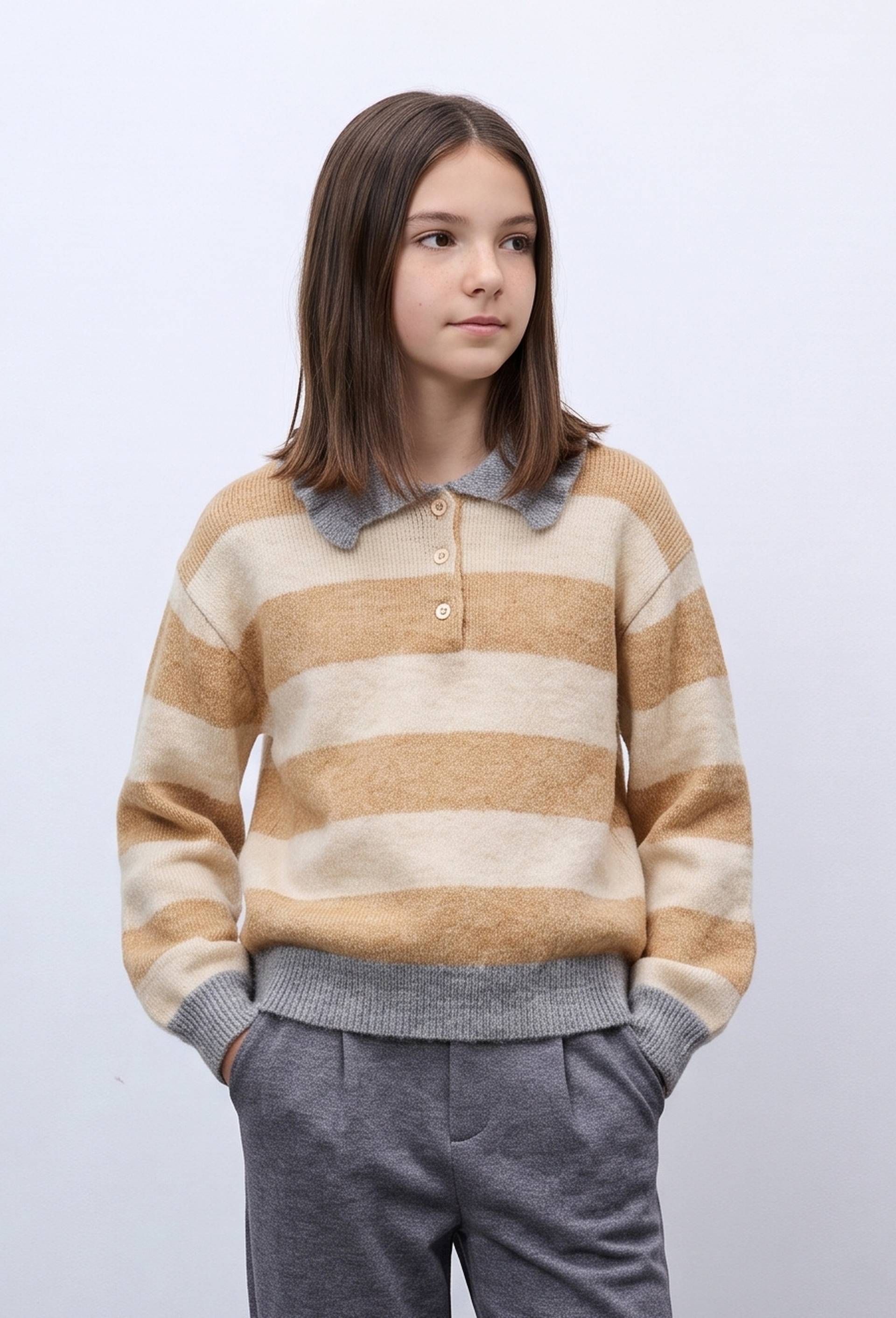 Pull ray&eacute; col chemise contenant de la laine, Beige, large image number 1.0