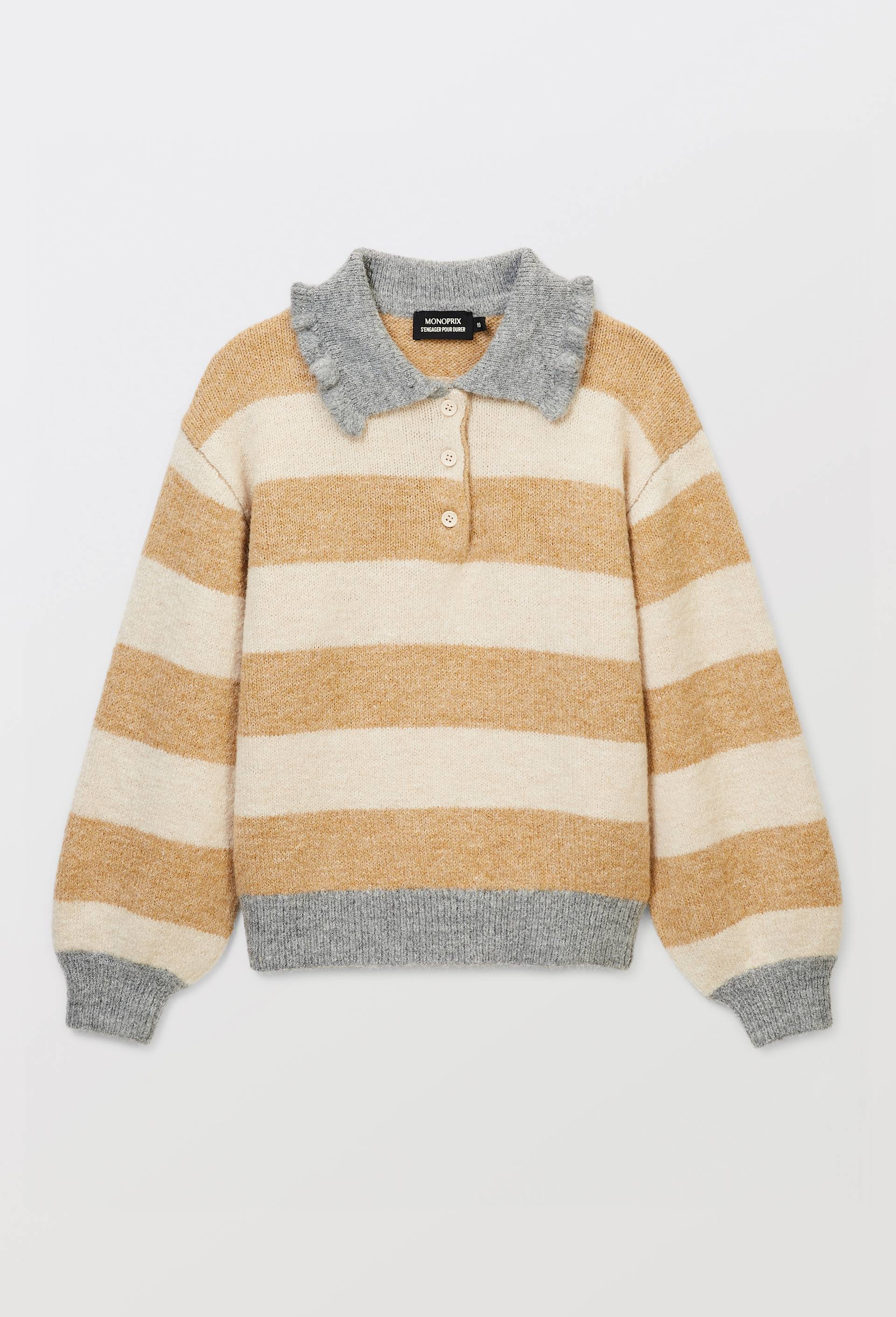 Pull ray&eacute; col chemise contenant de la laine, Beige, large image number 2