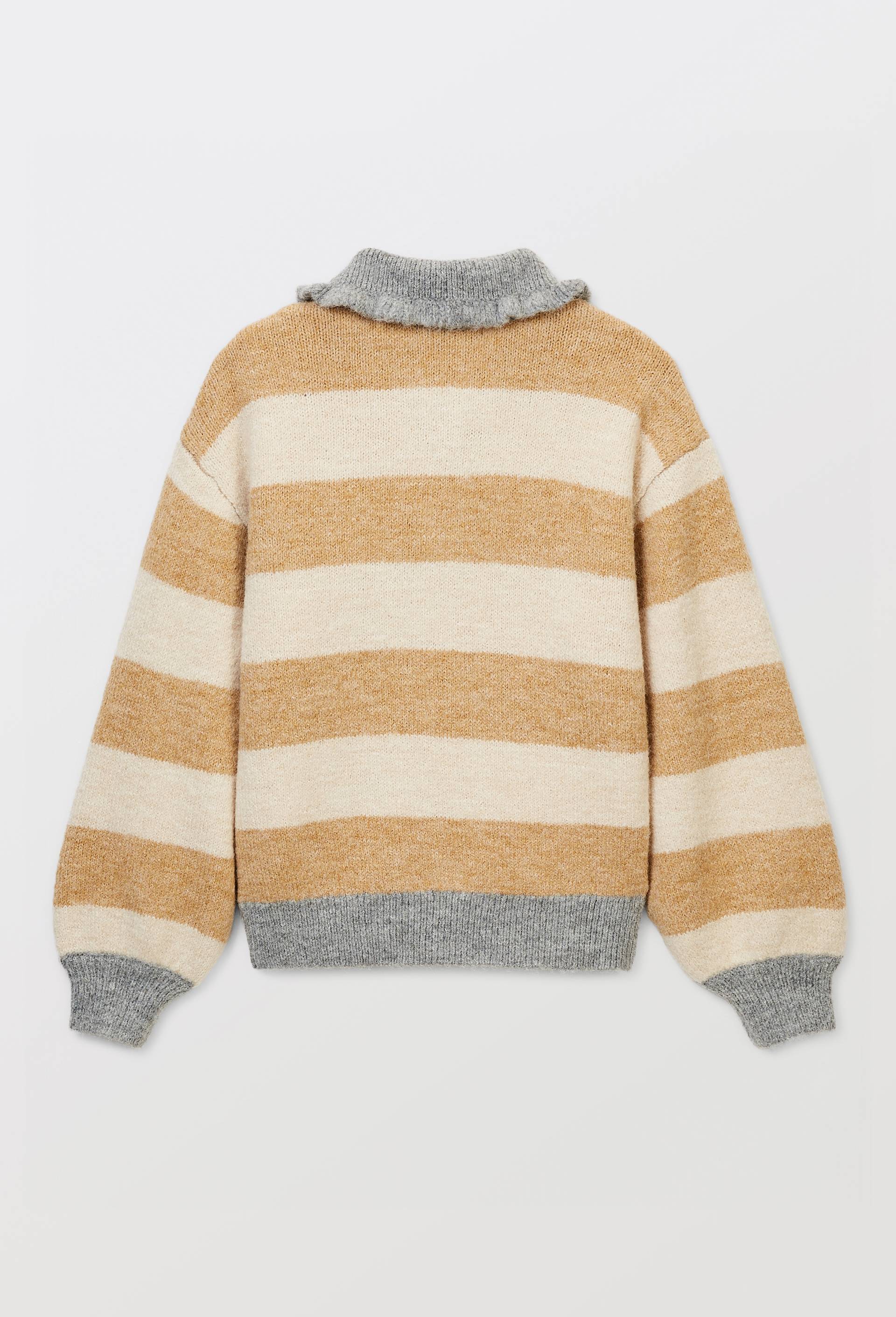 Pull ray&eacute; col chemise contenant de la laine, Beige, large image number 3