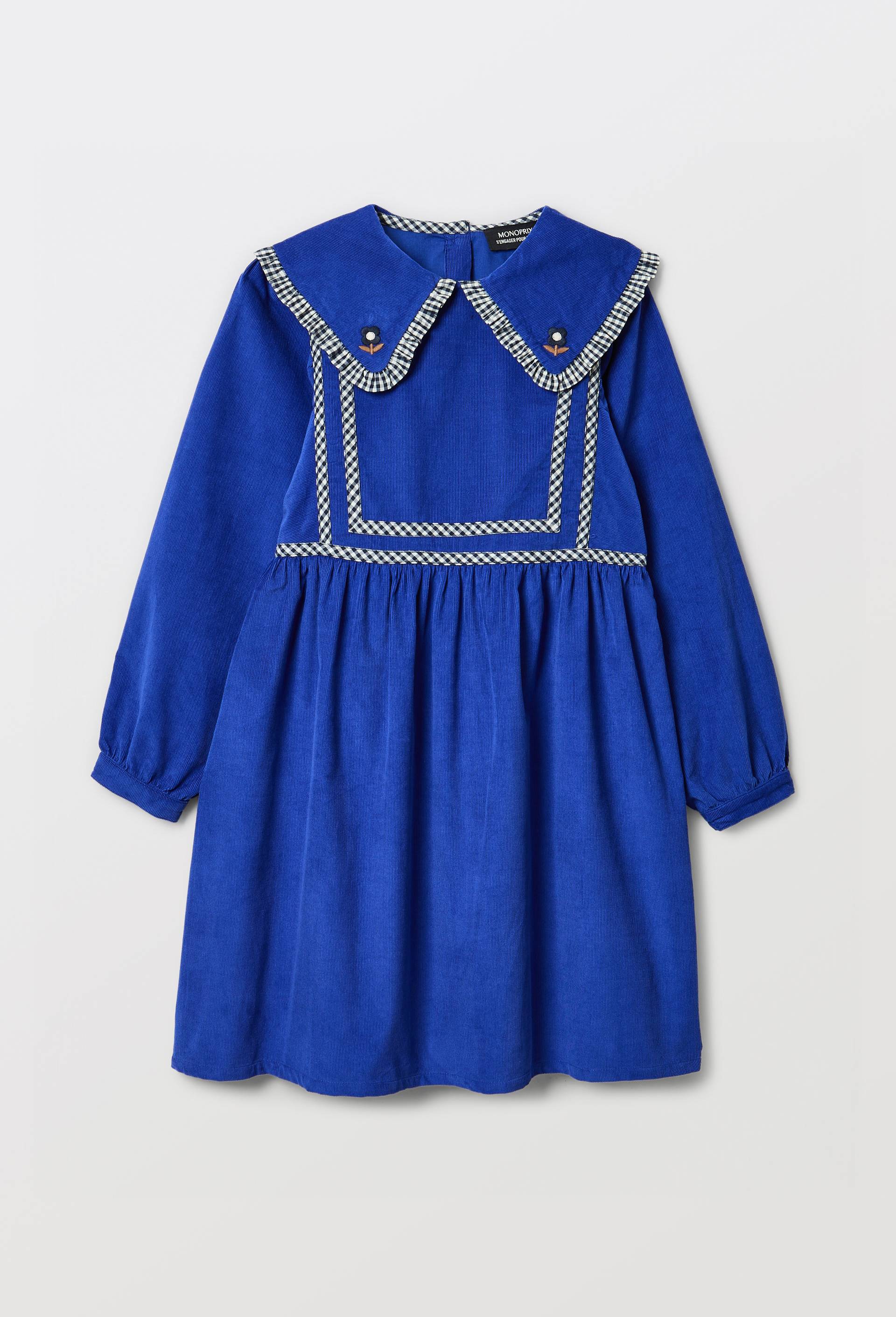 Robe en velours col claudine d&eacute;tails vichy, Bleu, large image number 0