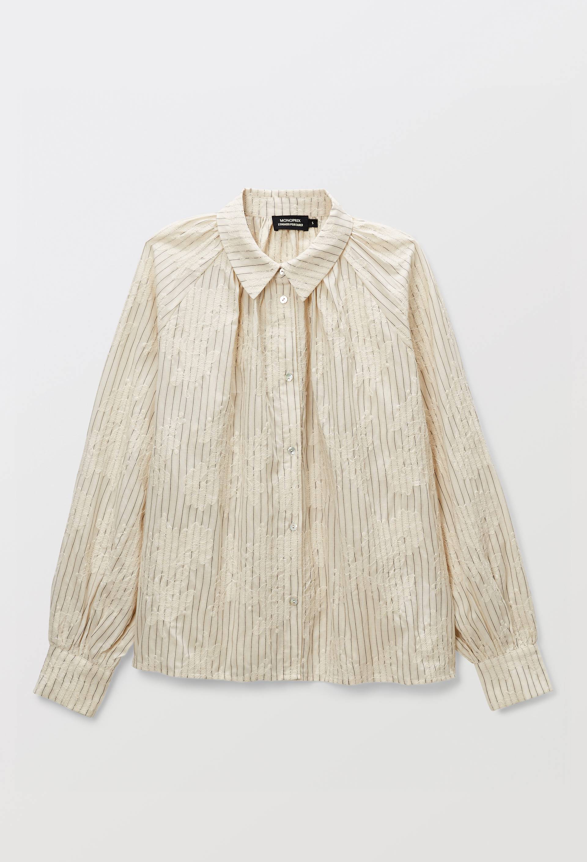 Chemise manches longues ray&eacute;e avec d&eacute;tail de broderie en coton BIO GOTS, Ecru, large image number 2