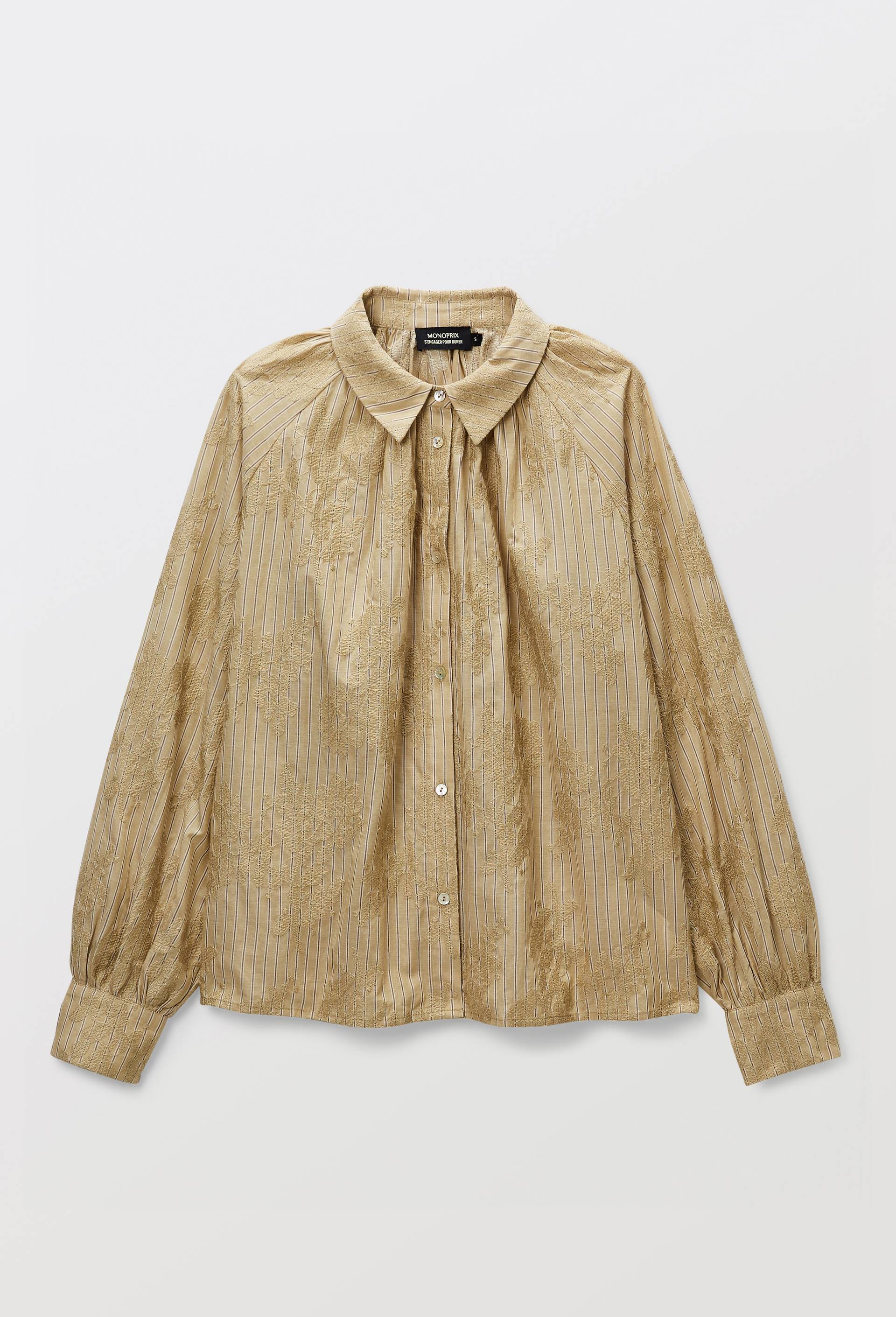 Chemise manches longues ray&eacute;e avec d&eacute;tail de broderie en coton BIO GOTS, Jaune fonc&eacute;, large image number 2