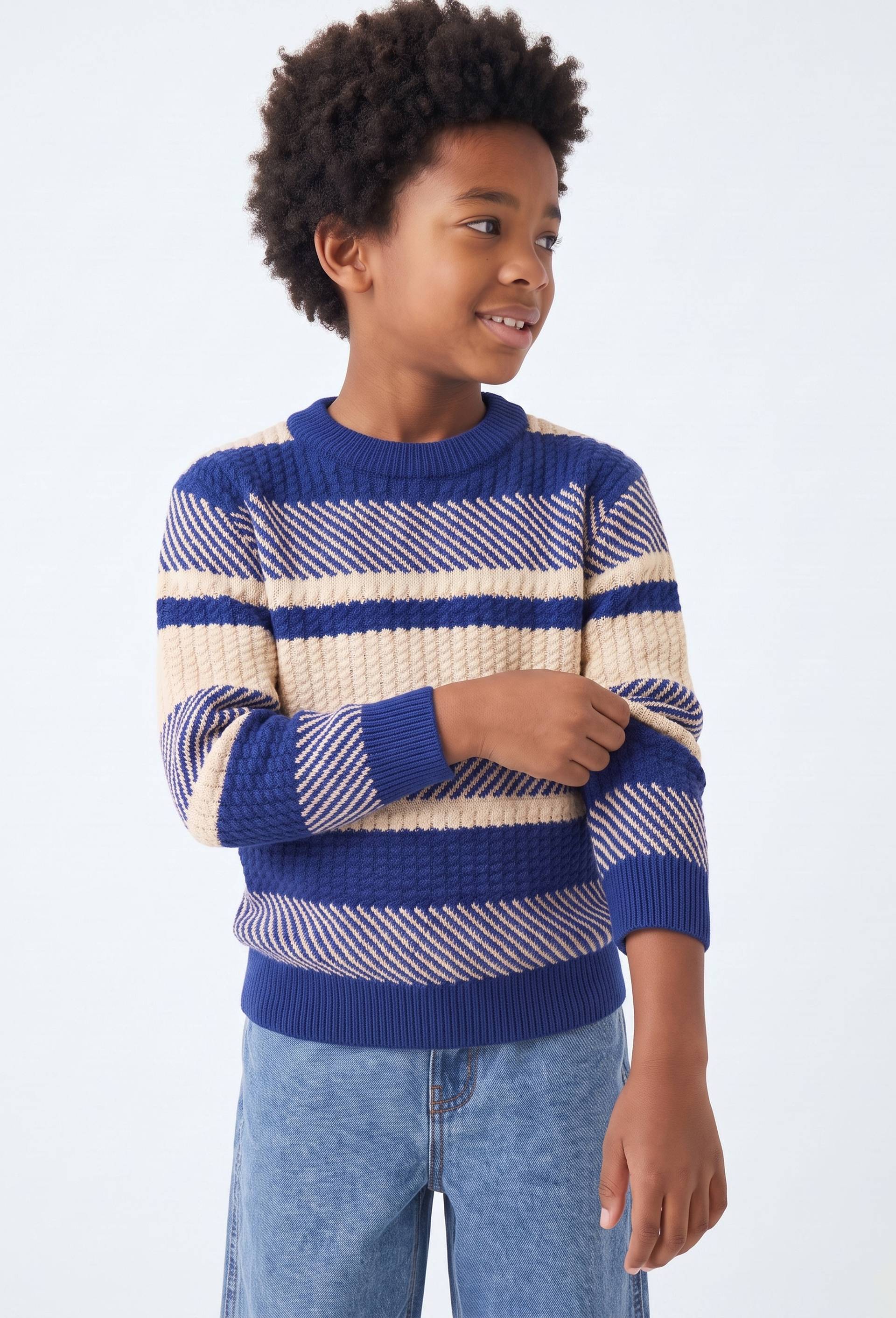 Pull ray&eacute; en coton, Bleu, large image number 0