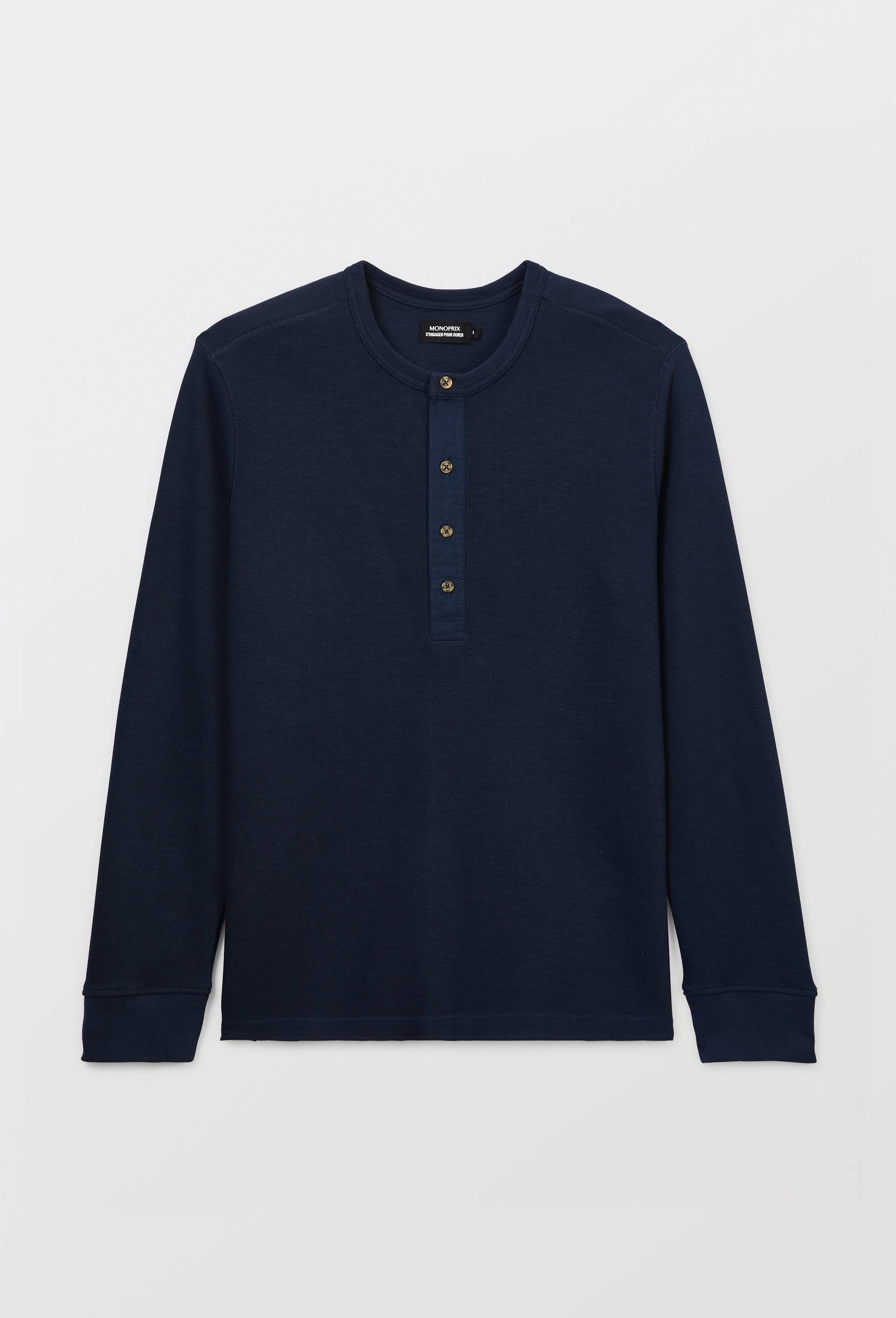 T-shirt col tunisien c&ocirc;tel&eacute; en coton, Bleu fonc&eacute;, large image number 2.0