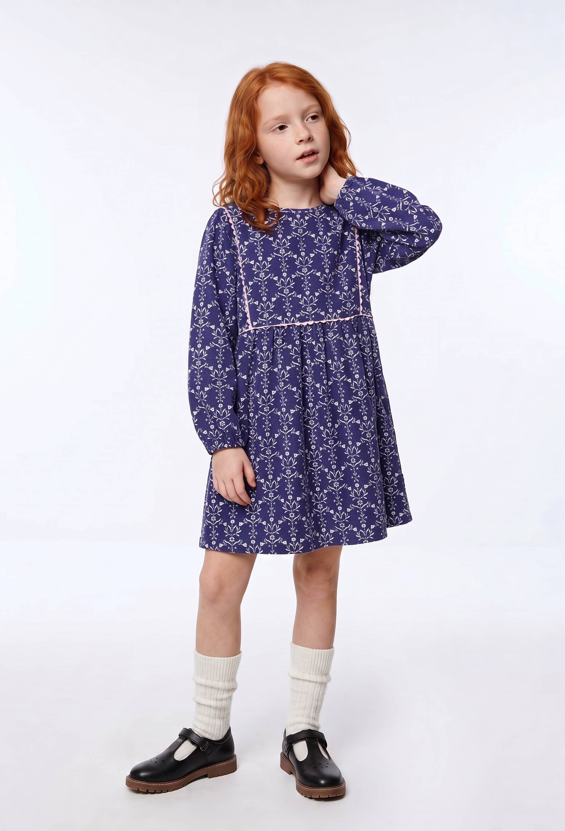 Robe en velours imprim&eacute;e en coton, Bleu fonc&eacute;, large image number 0.0