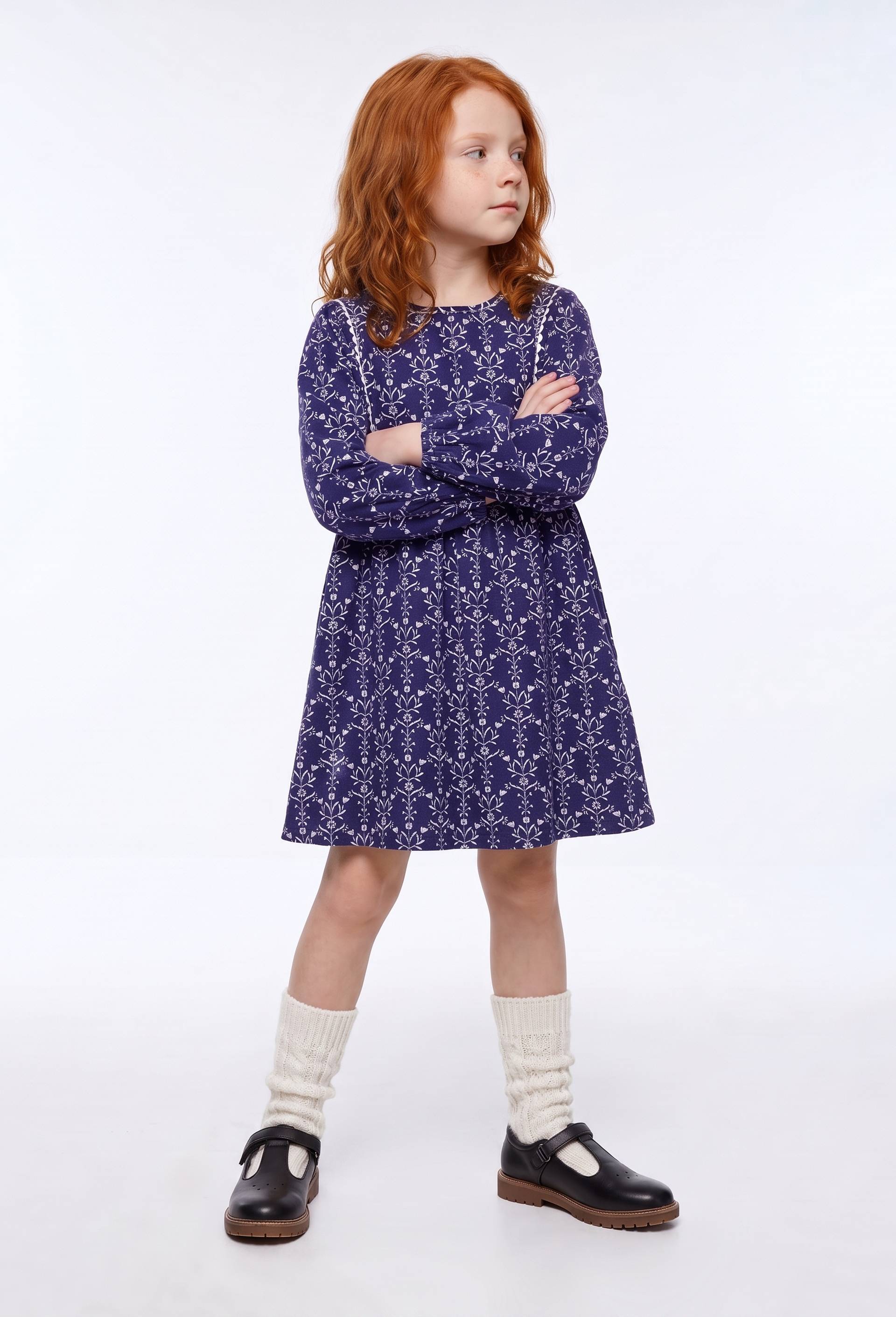 Robe en velours imprim&eacute;e en coton, Bleu fonc&eacute;, large image number 1.0