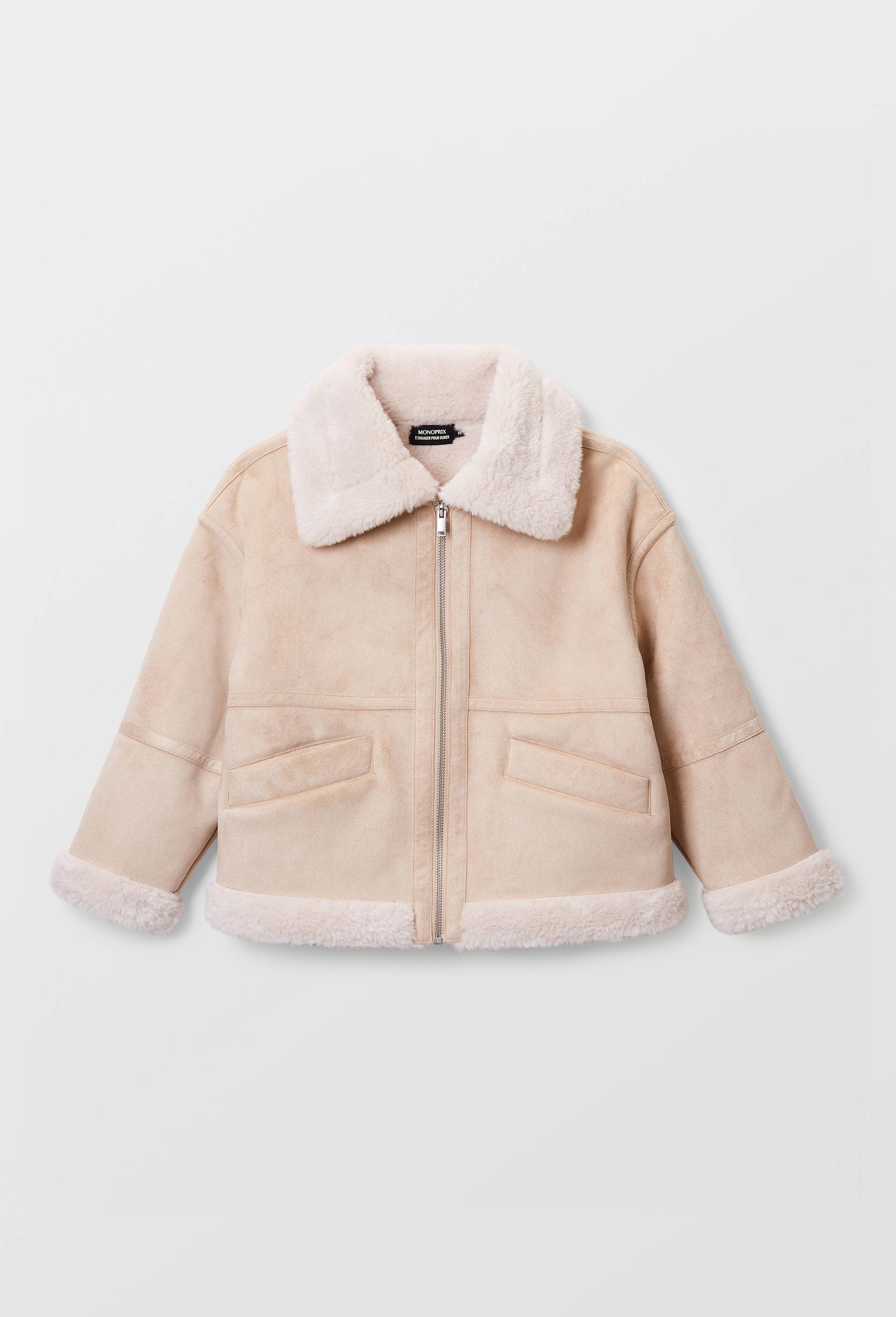 Manteau effet peau lain&eacute;e, Beige clair, large image number 0