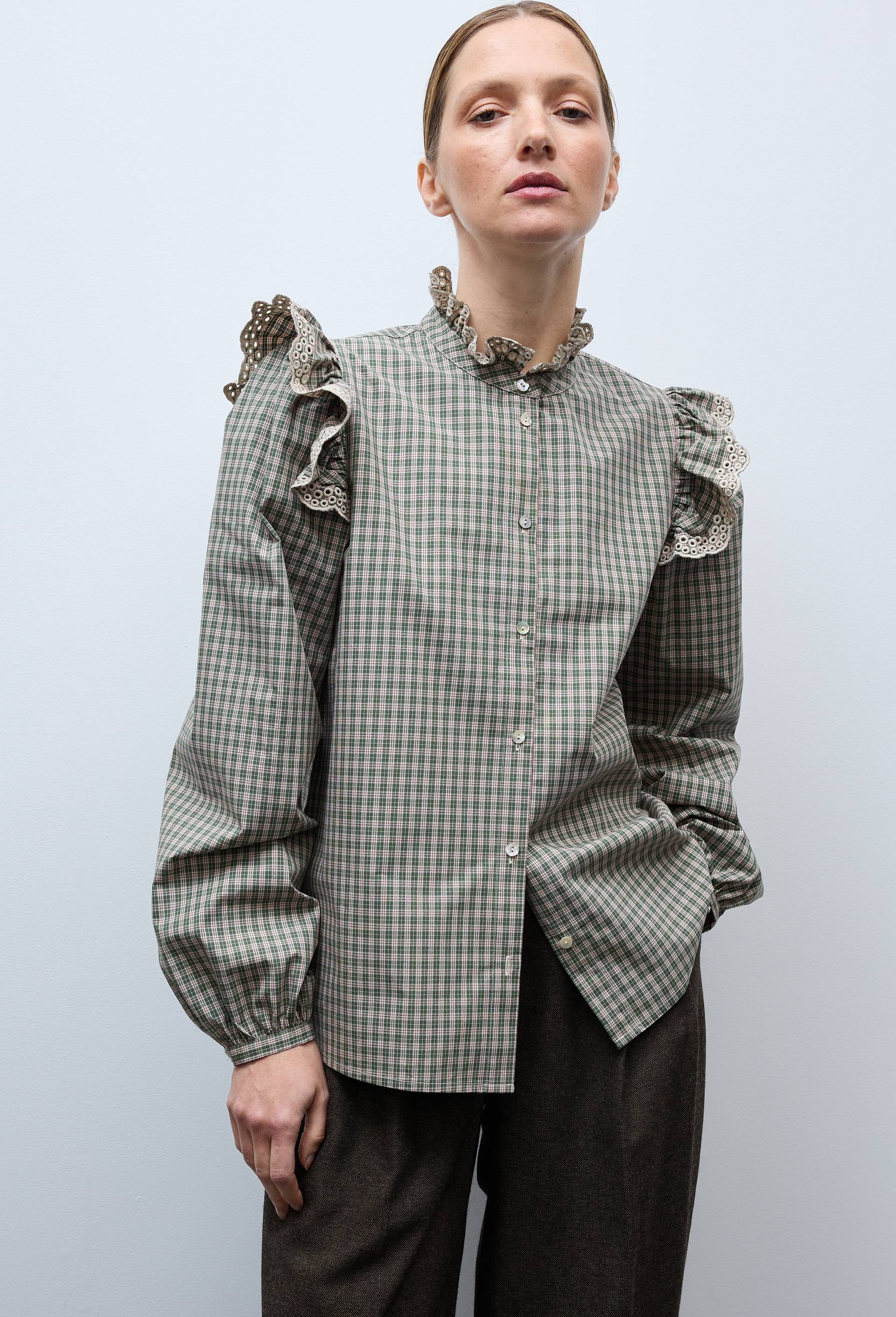 Chemise manches longues &agrave; carreaux en coton BIO GOTS, Vert fonc&eacute;, swatch image