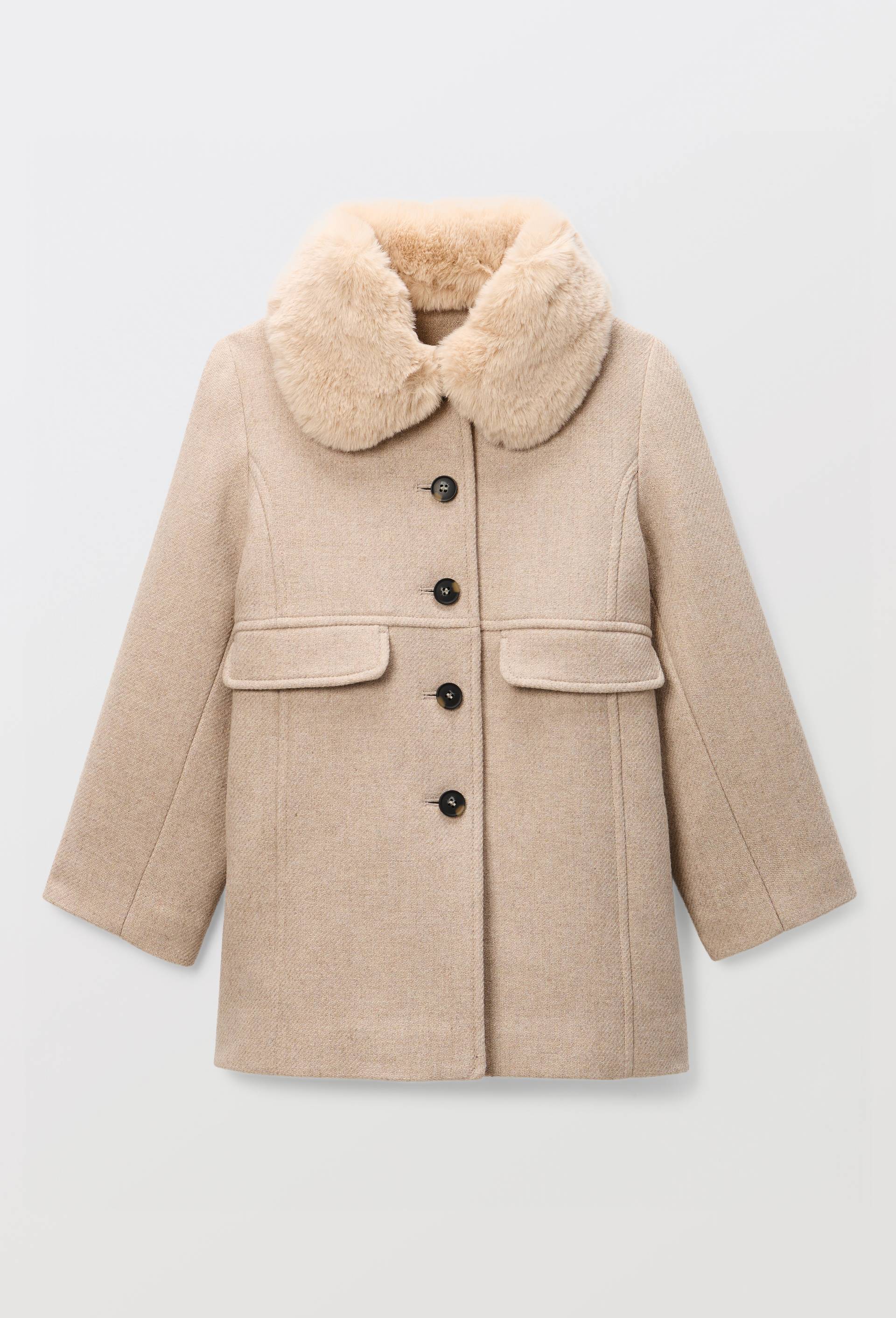 Manteau &agrave; col fausse fourrure, contenant de la laine, Beige clair, swatch image