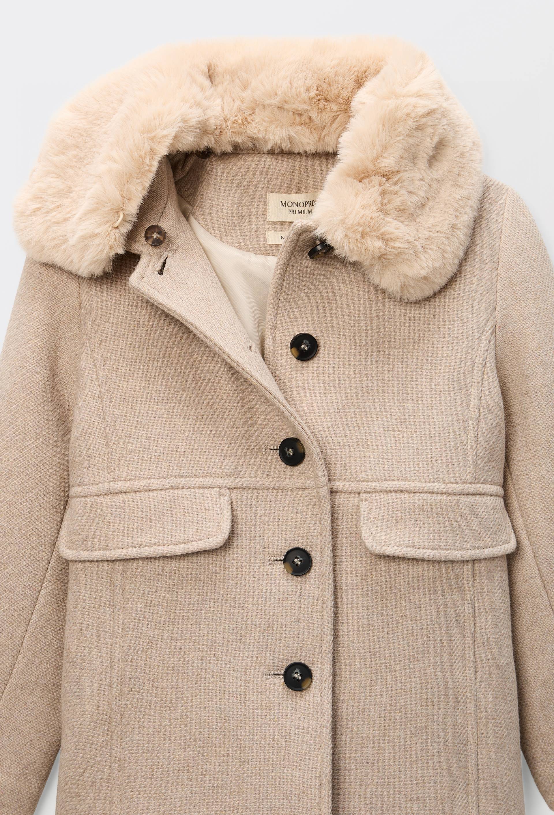 Manteau &agrave; col fausse fourrure, contenant de la laine, Beige clair, large image number 2