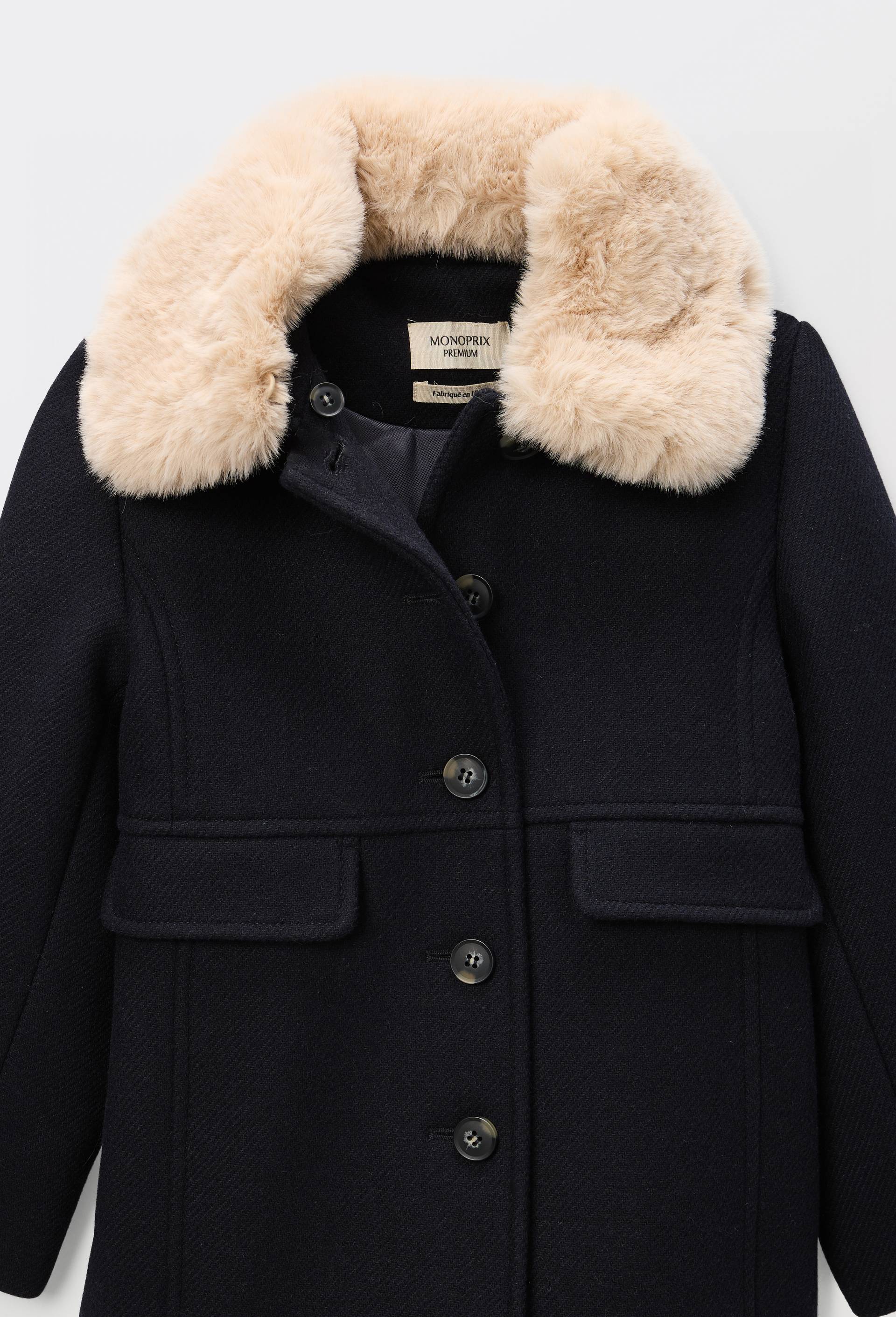 Manteau &agrave; col fausse fourrure, contenant de la laine, Bleu fonc&eacute;, large image number 2.0