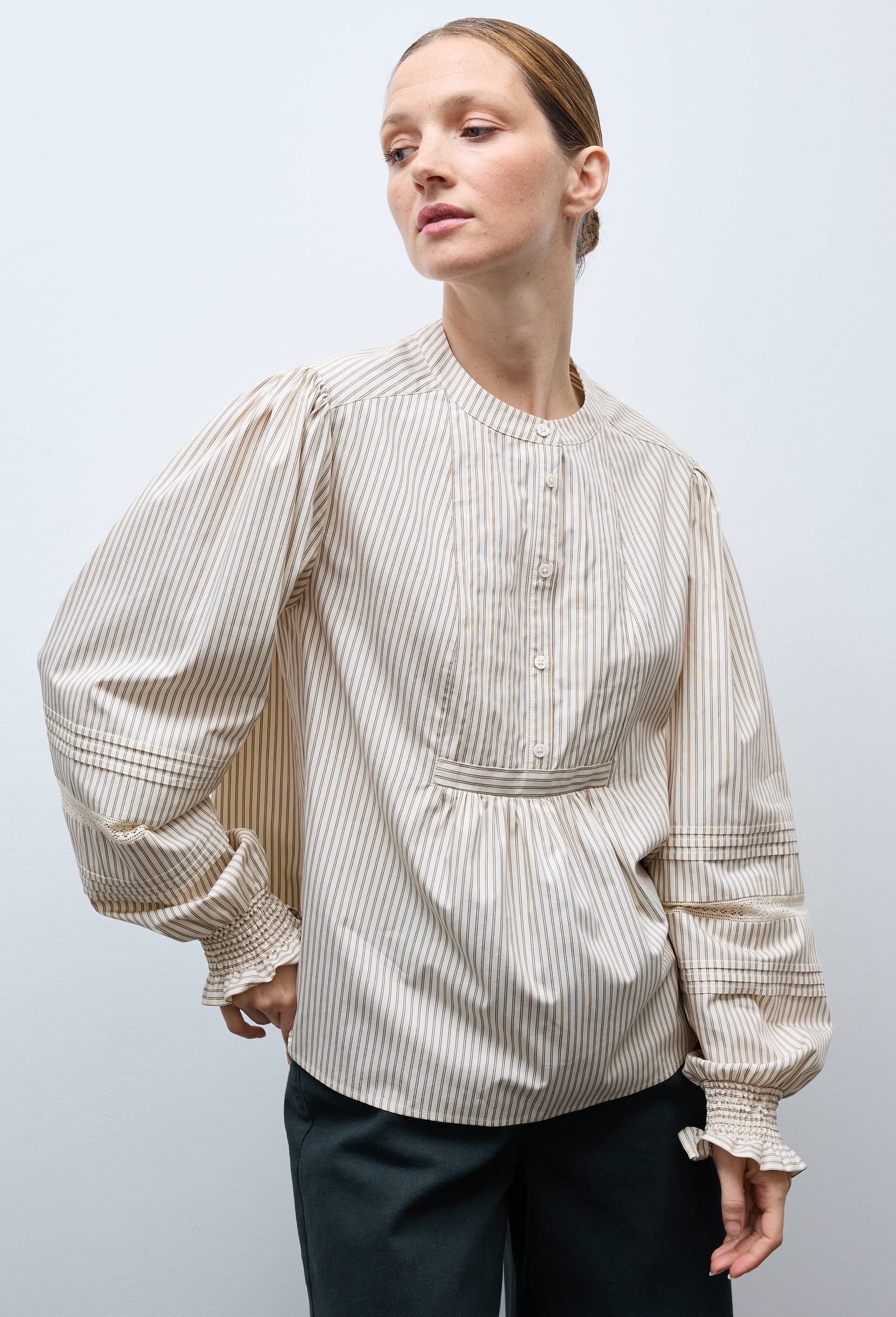 Blouse ray&eacute;e manches longues en coton, Ecru, large image number 0