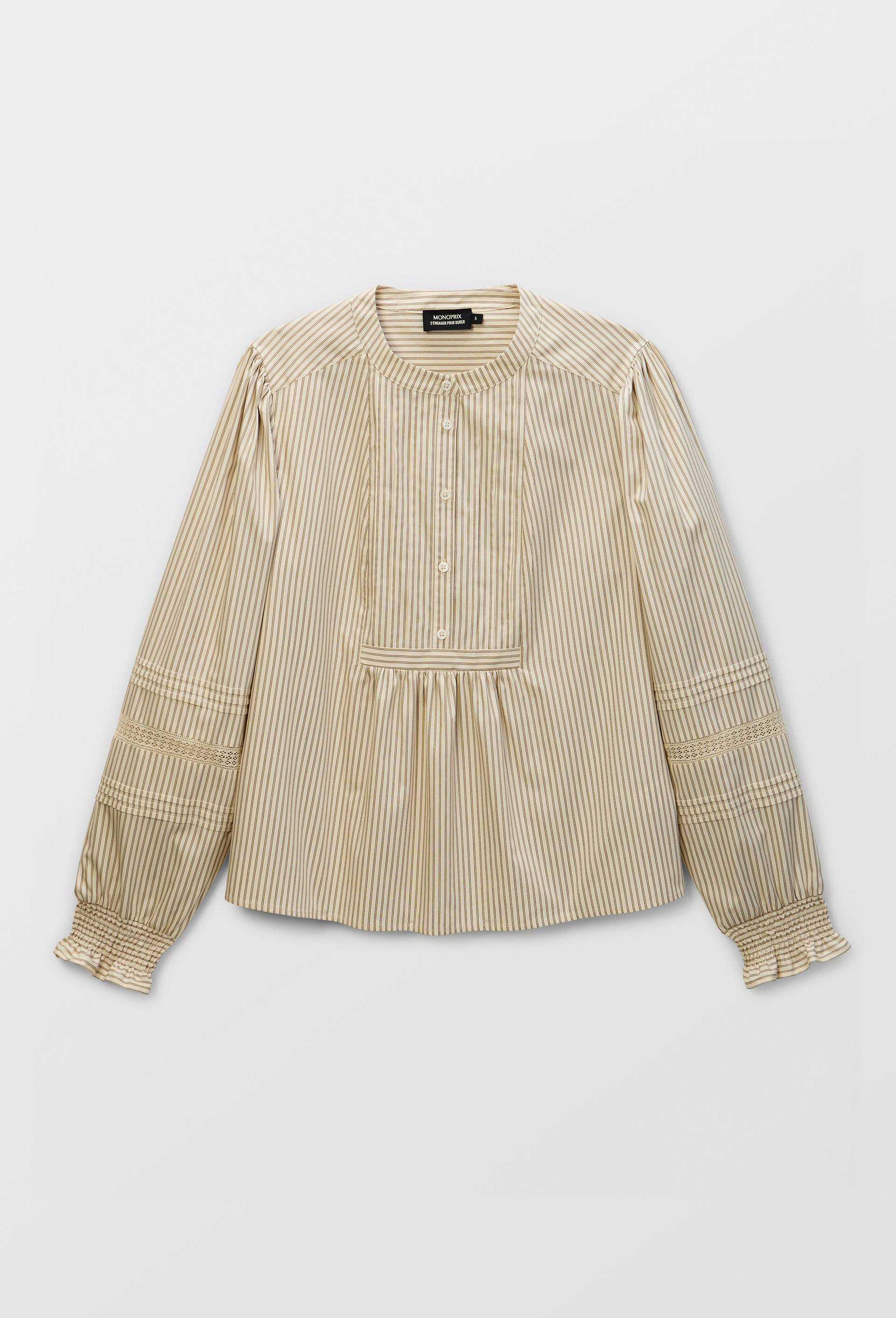 Blouse ray&eacute;e manches longues en coton, Ecru, large image number 2