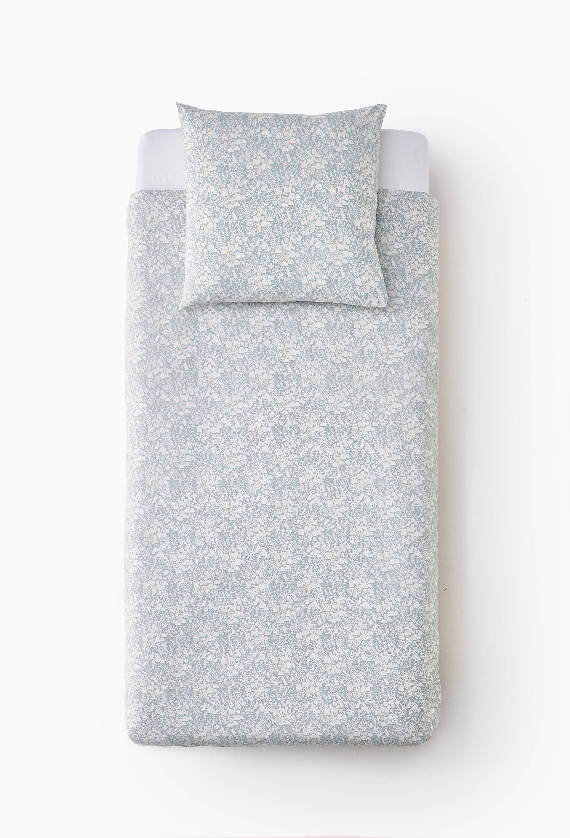 Lot linge de lit imprim&eacute;, housse de couette et taie d'oreiller, 140x200cm et 63x63cm, en coton bio GOTS, Vert clair, large image number 1.0