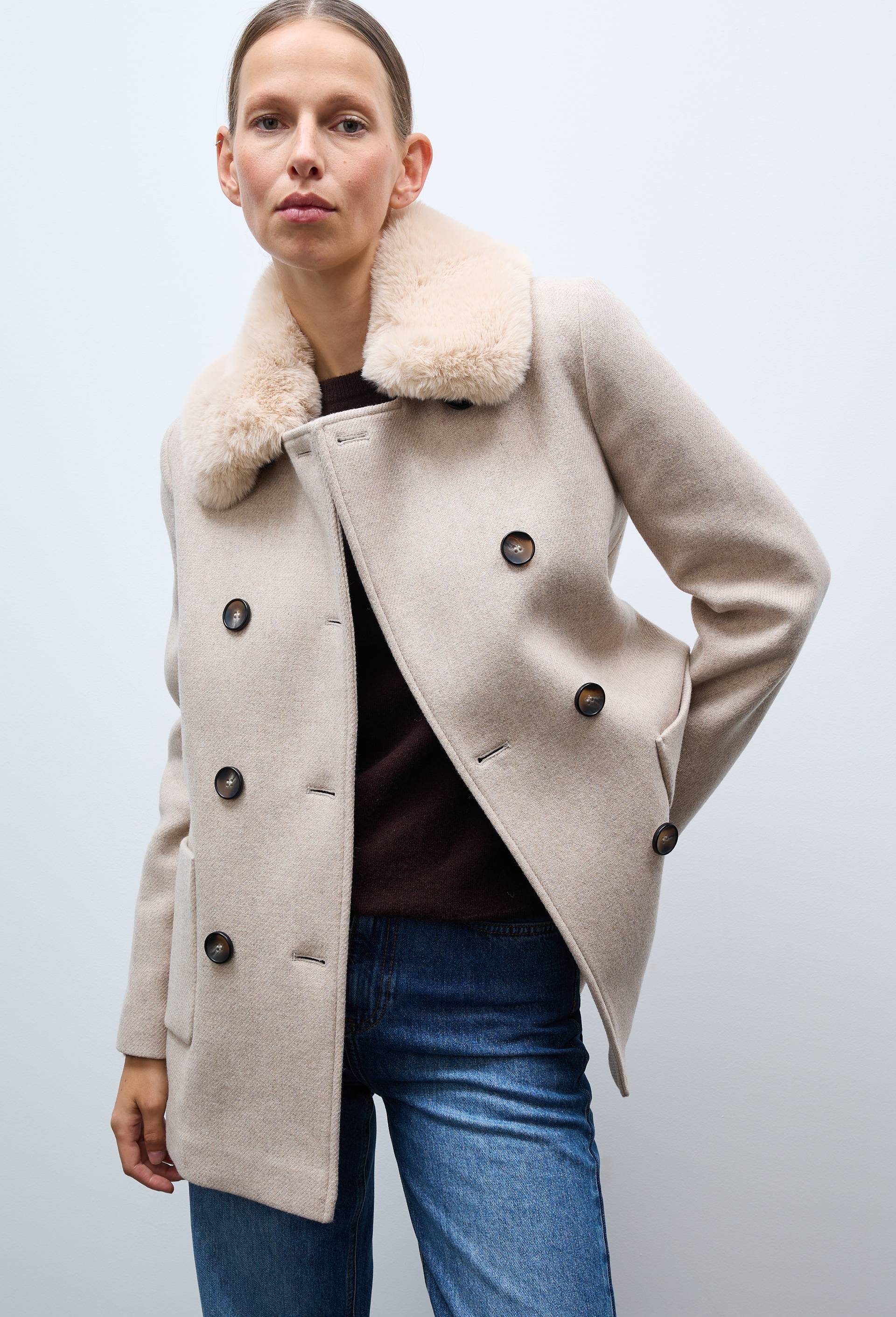 Manteau double boutonnage col amovible contenant de la laine, Beige, large image number 0.0