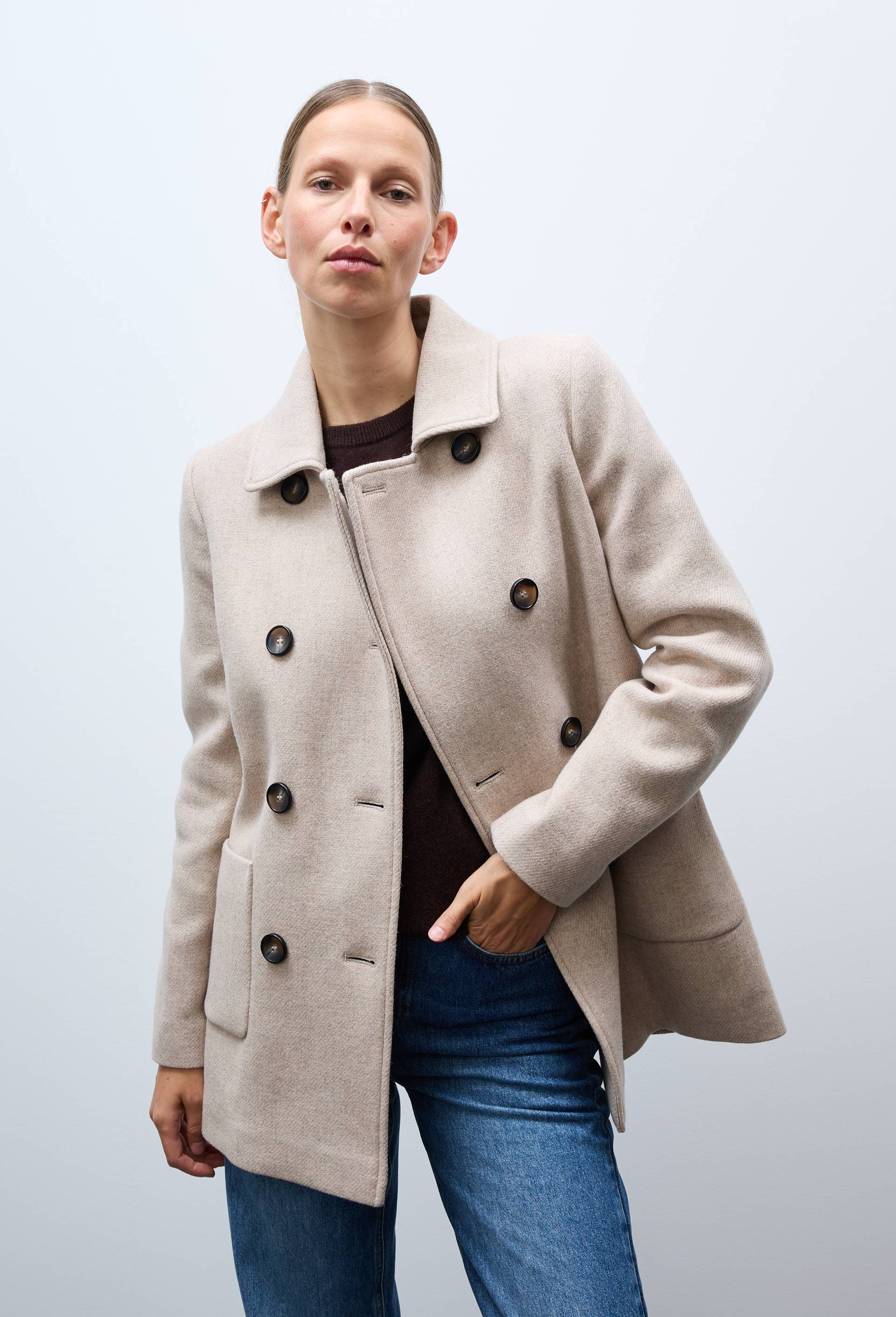 Manteau double boutonnage col amovible contenant de la laine, Beige, large image number 1