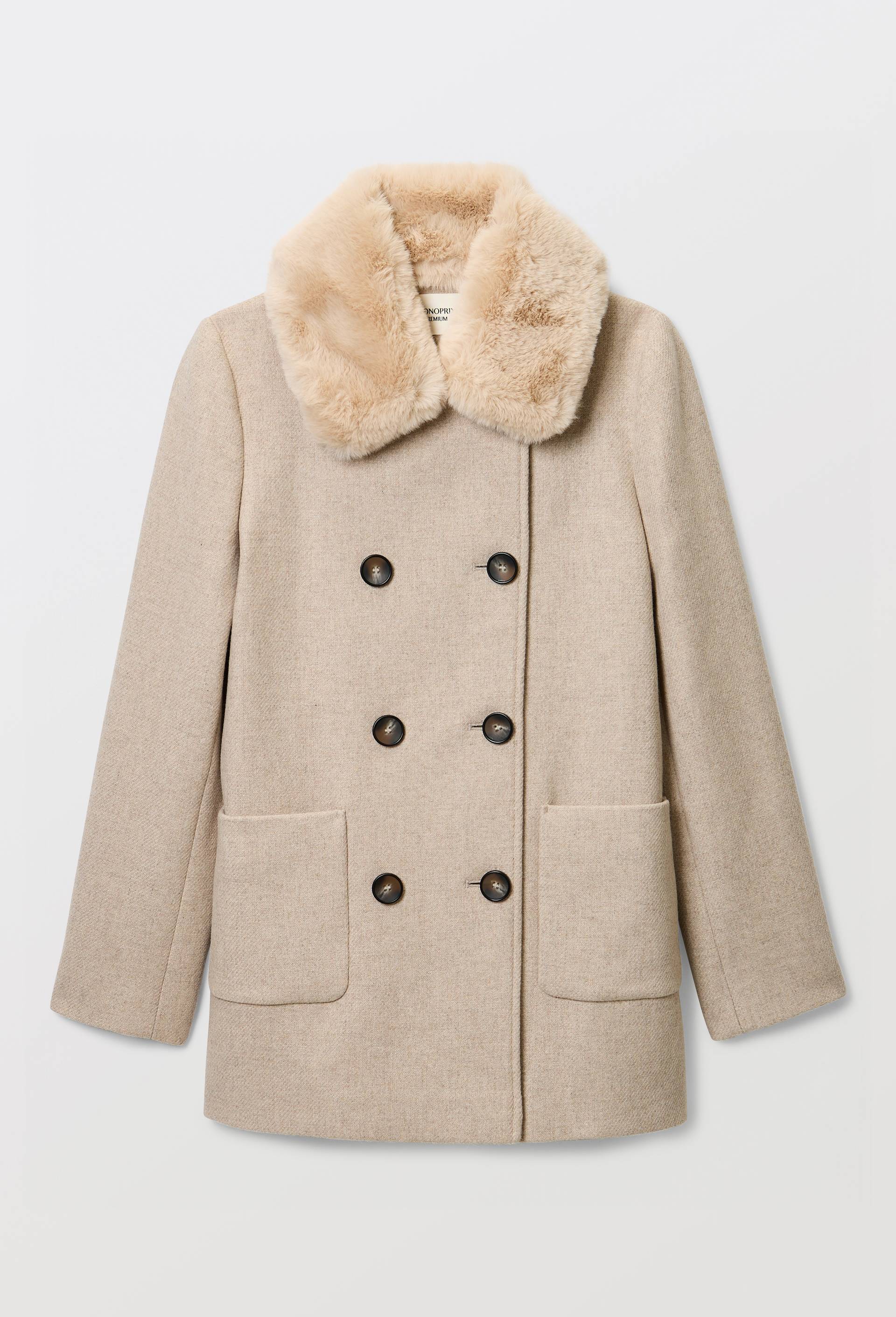 Manteau double boutonnage col amovible contenant de la laine, Beige, large image number 3