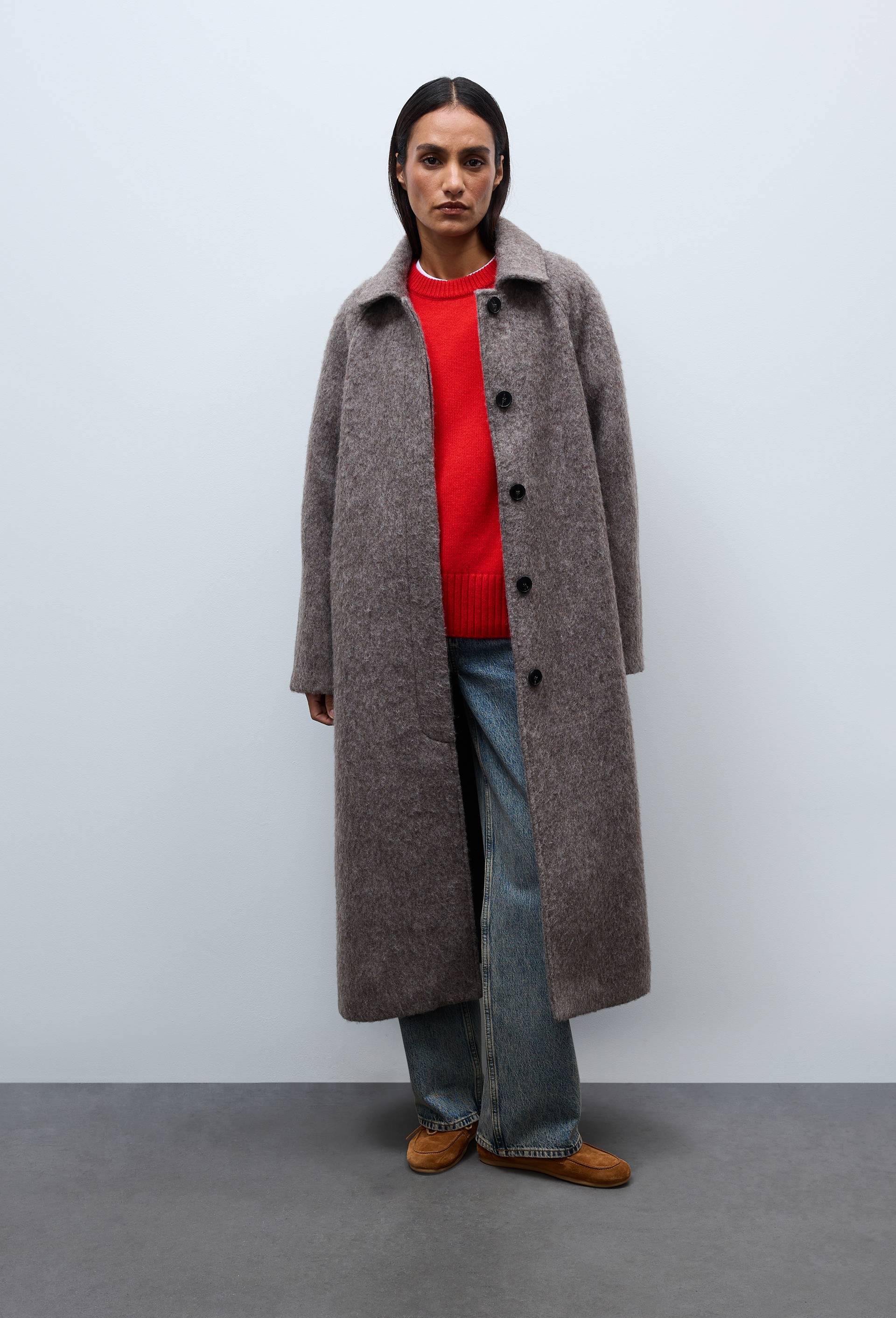 Manteau uni double boutonnage contenant de la laine, Brun, large image number 0