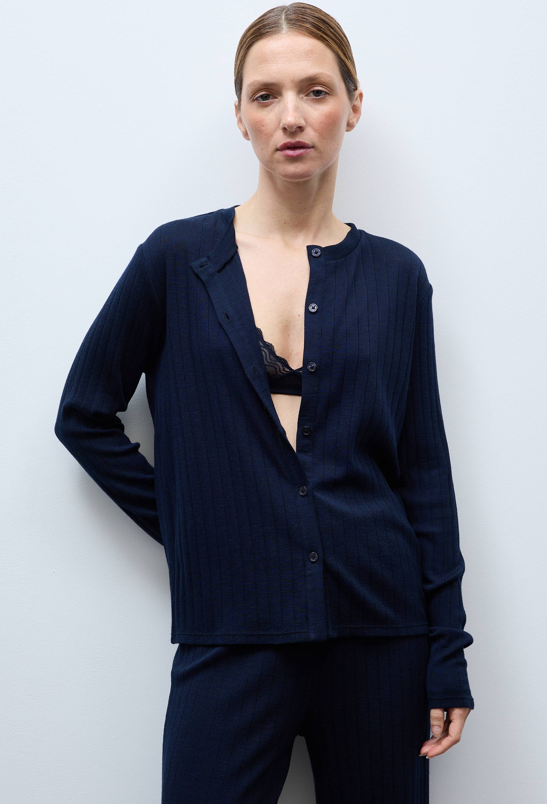 Cardigan uni en laine et soie, Bleu fonc&eacute;, large image number 0