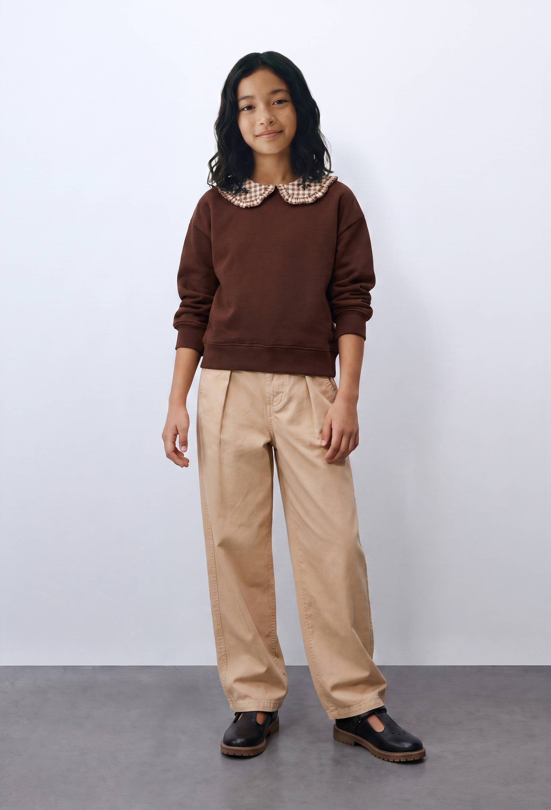Sweat uni col claudine vichy en coton, Brun, large image number 0