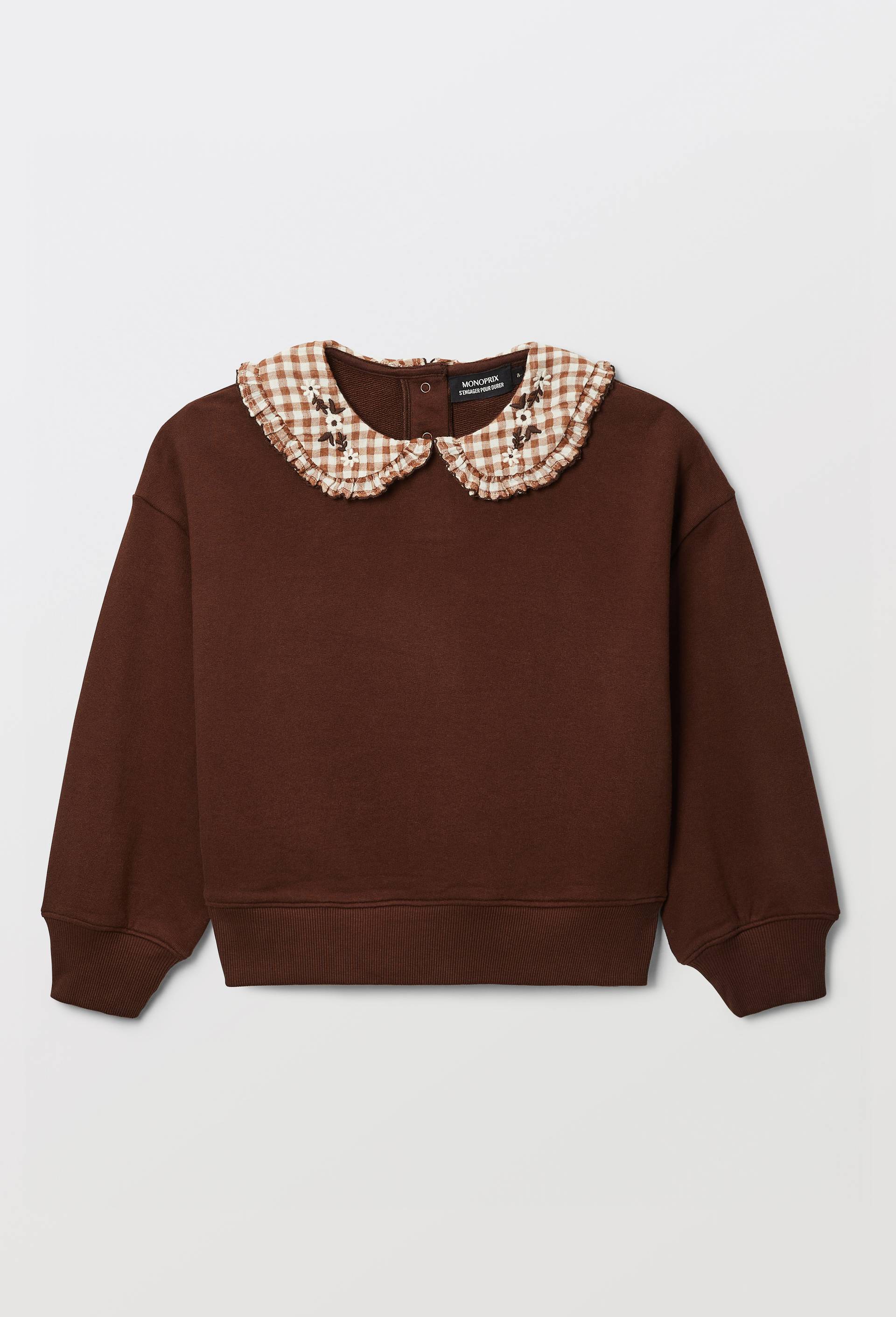 Sweat uni col claudine vichy en coton, Brun, large image number 1