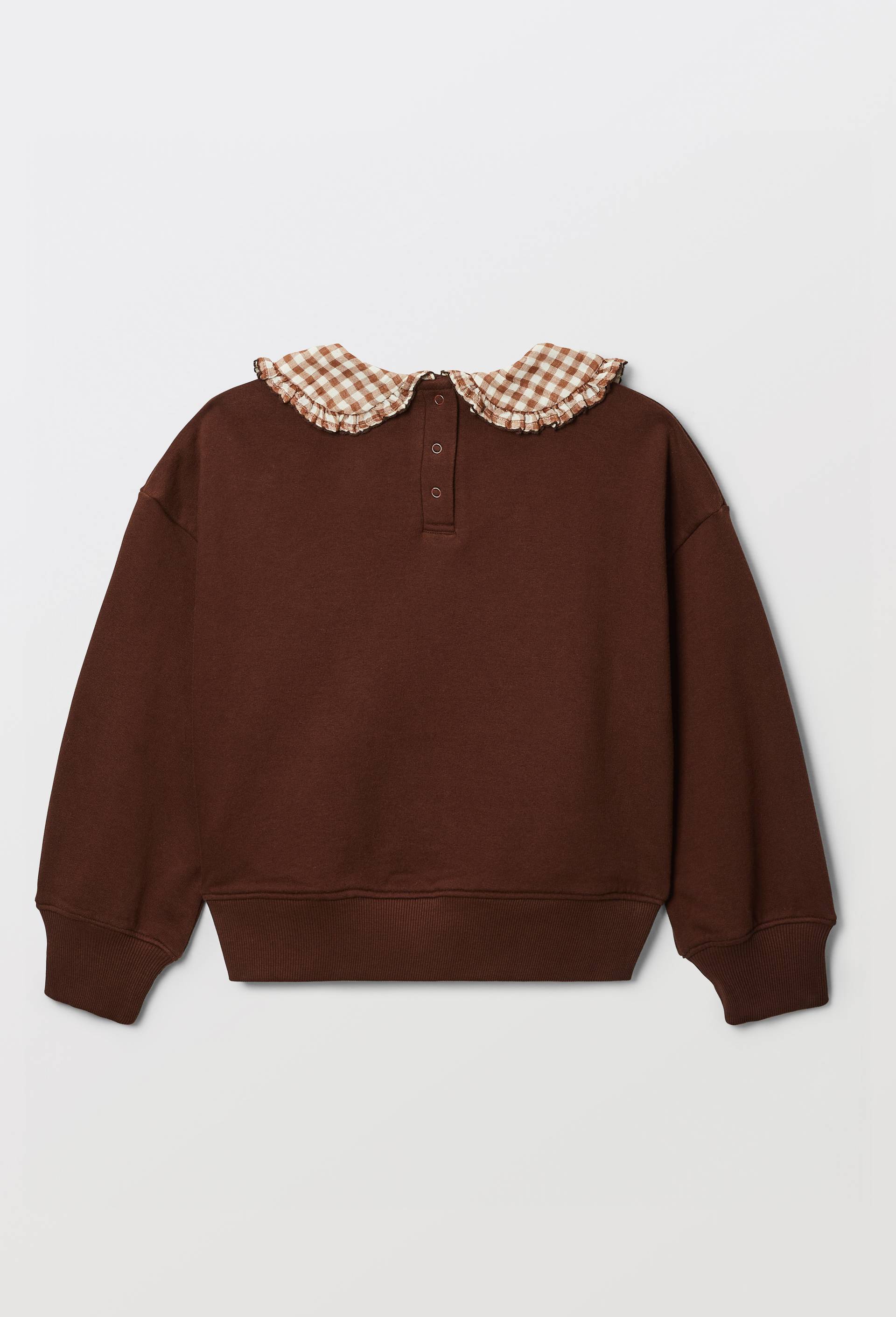 Sweat uni col claudine vichy en coton, Brun, large image number 2.0