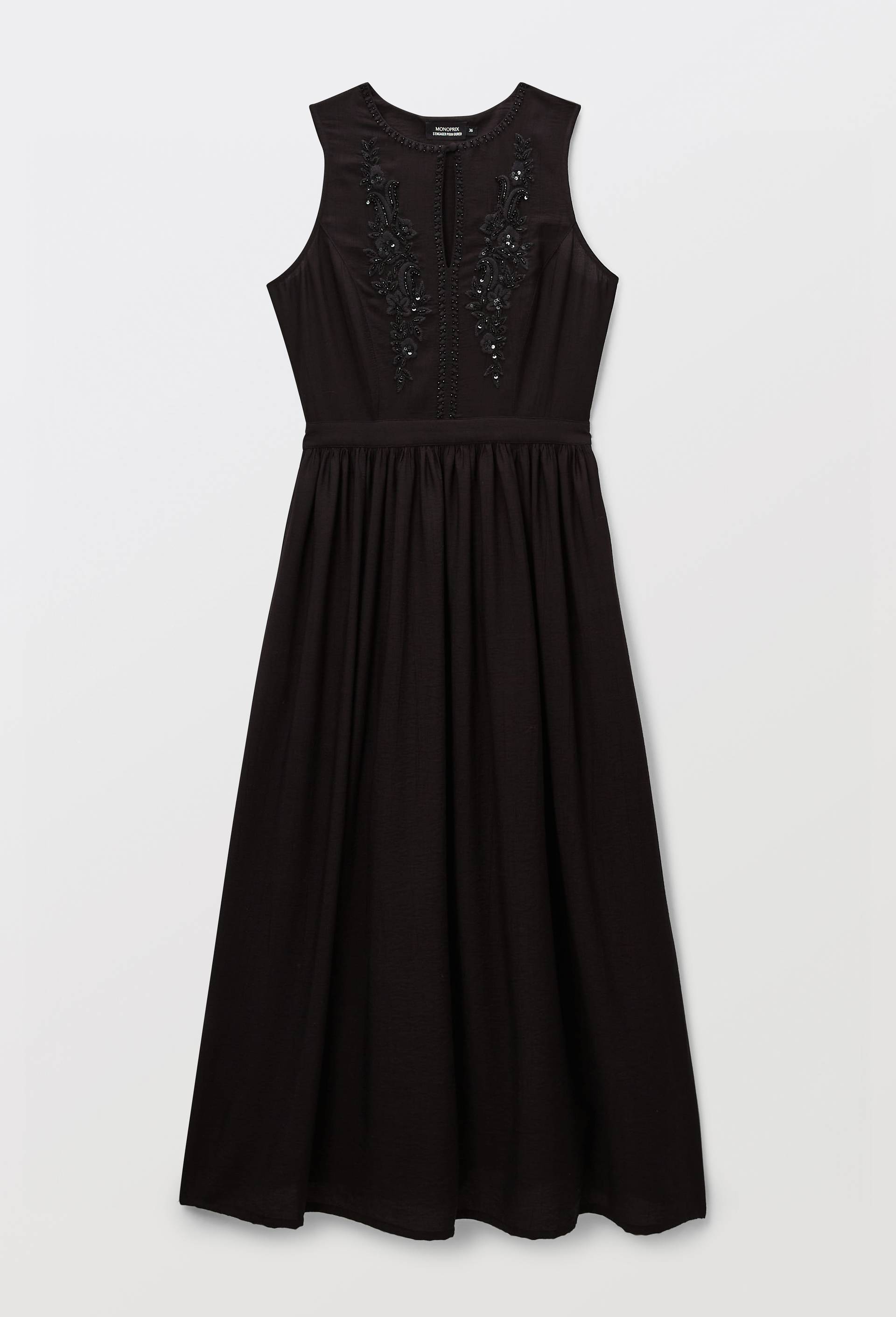 Robe longue sans manches cintr&eacute;e avec d&eacute;tail de broderies et perles, Noir, large image number 3.0