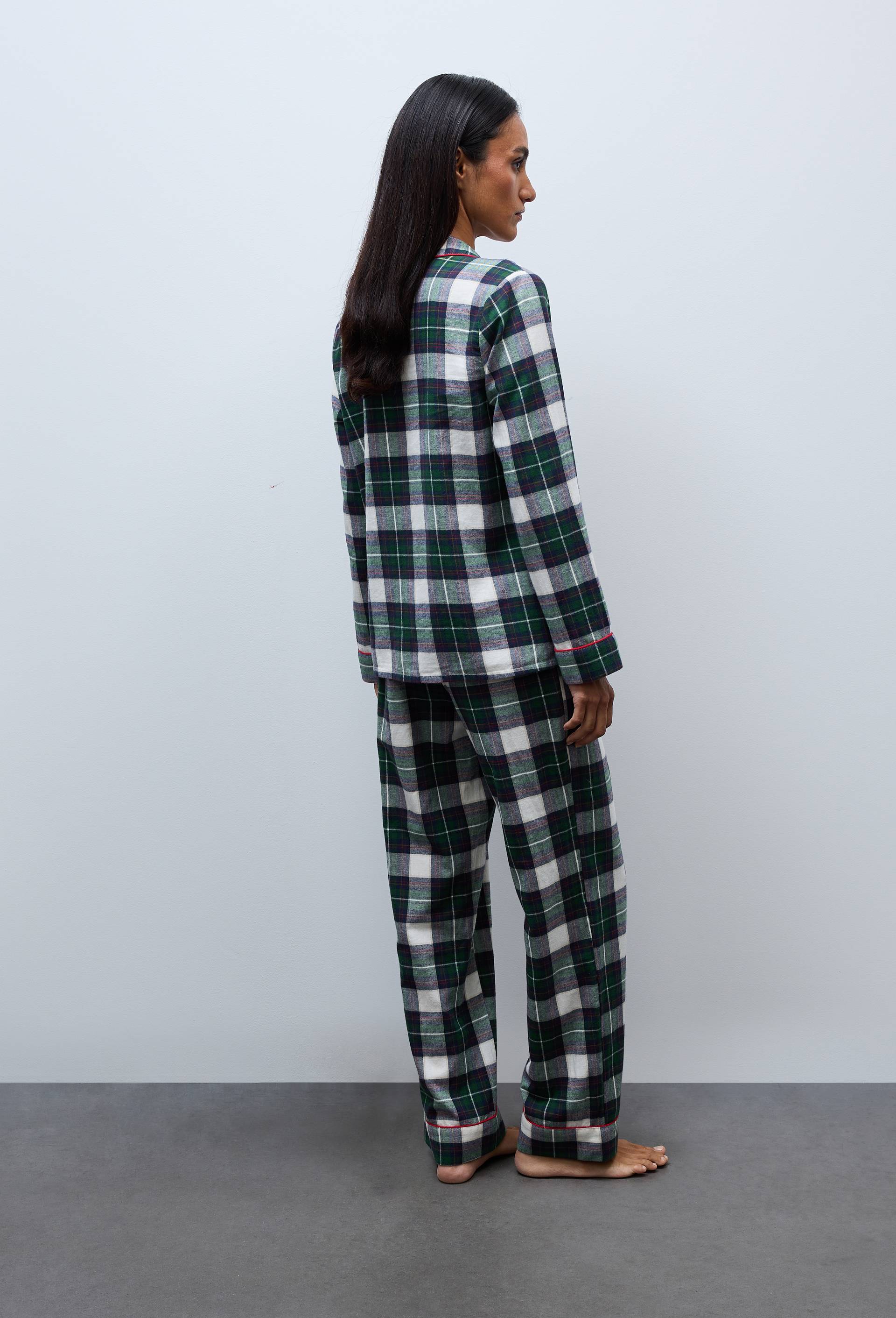 Pyjama col tailleur &agrave; carreaux en flanelle 100% coton BIO GOTS, Vert fonc&eacute;, large image number 1