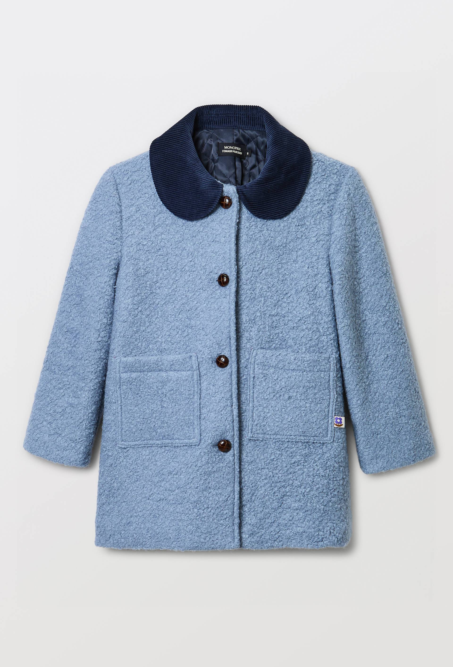 Manteau bouclette et col velours, Bleu, large image number 0