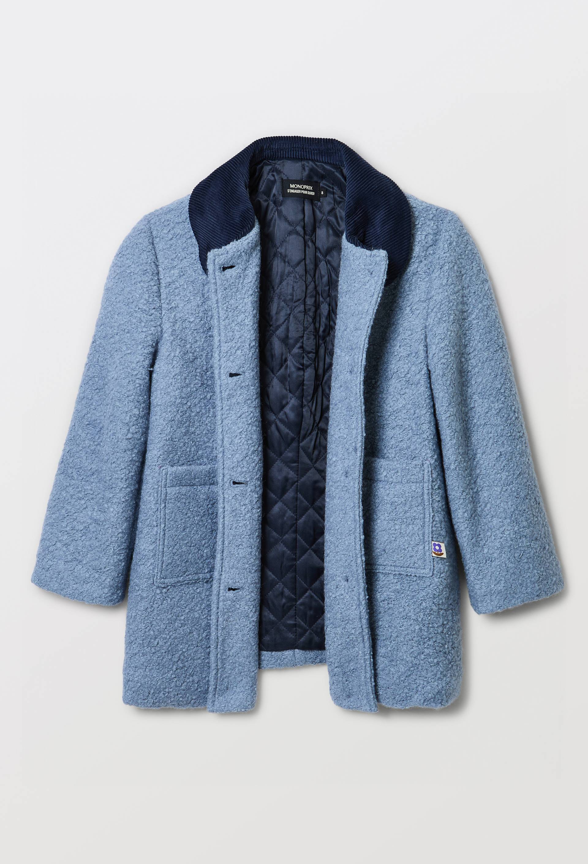 Manteau bouclette et col velours, Bleu, large image number 1
