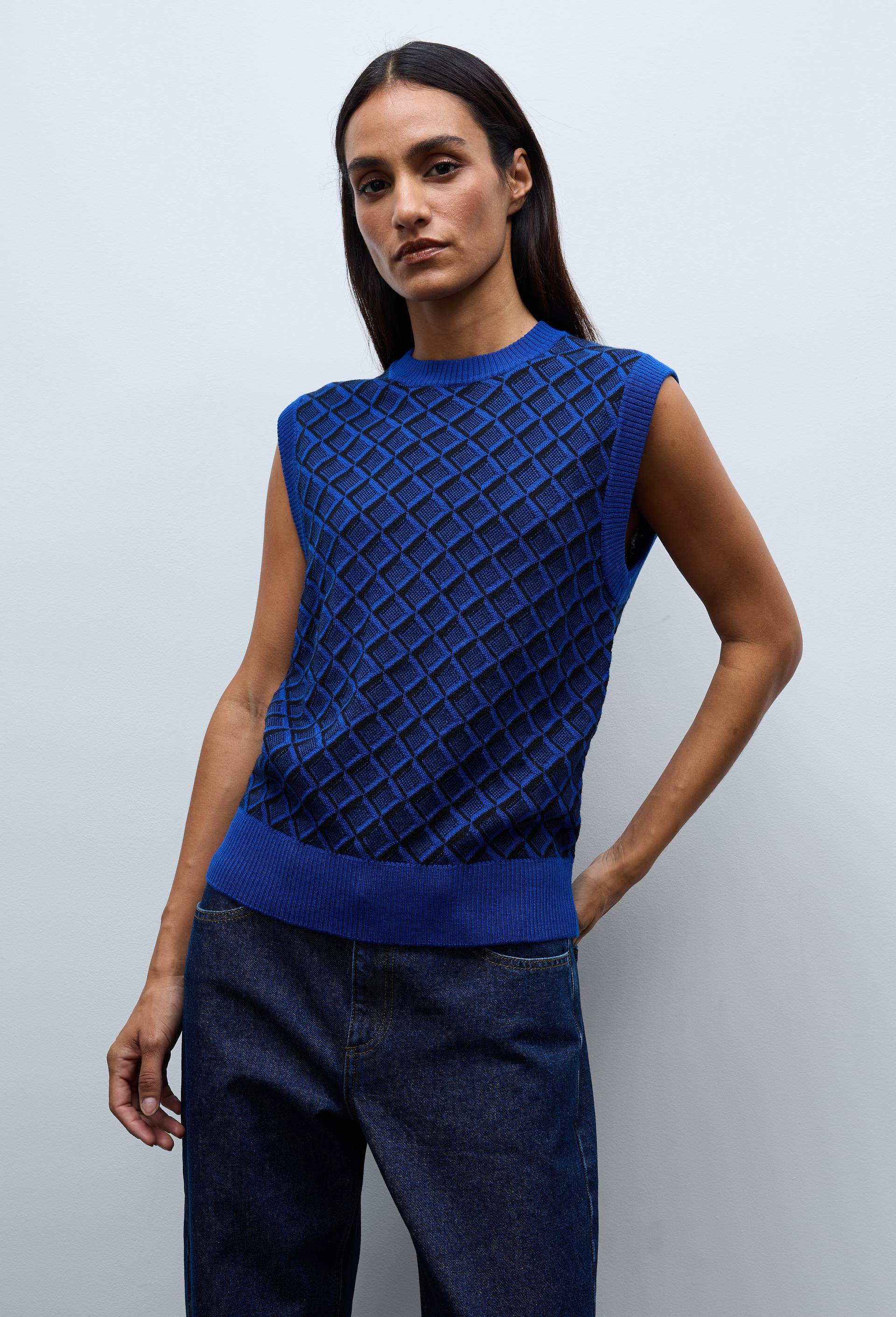 Pull sans manche &agrave; motifs, contenant de la Laine M&eacute;rinos, Bleu, swatch image