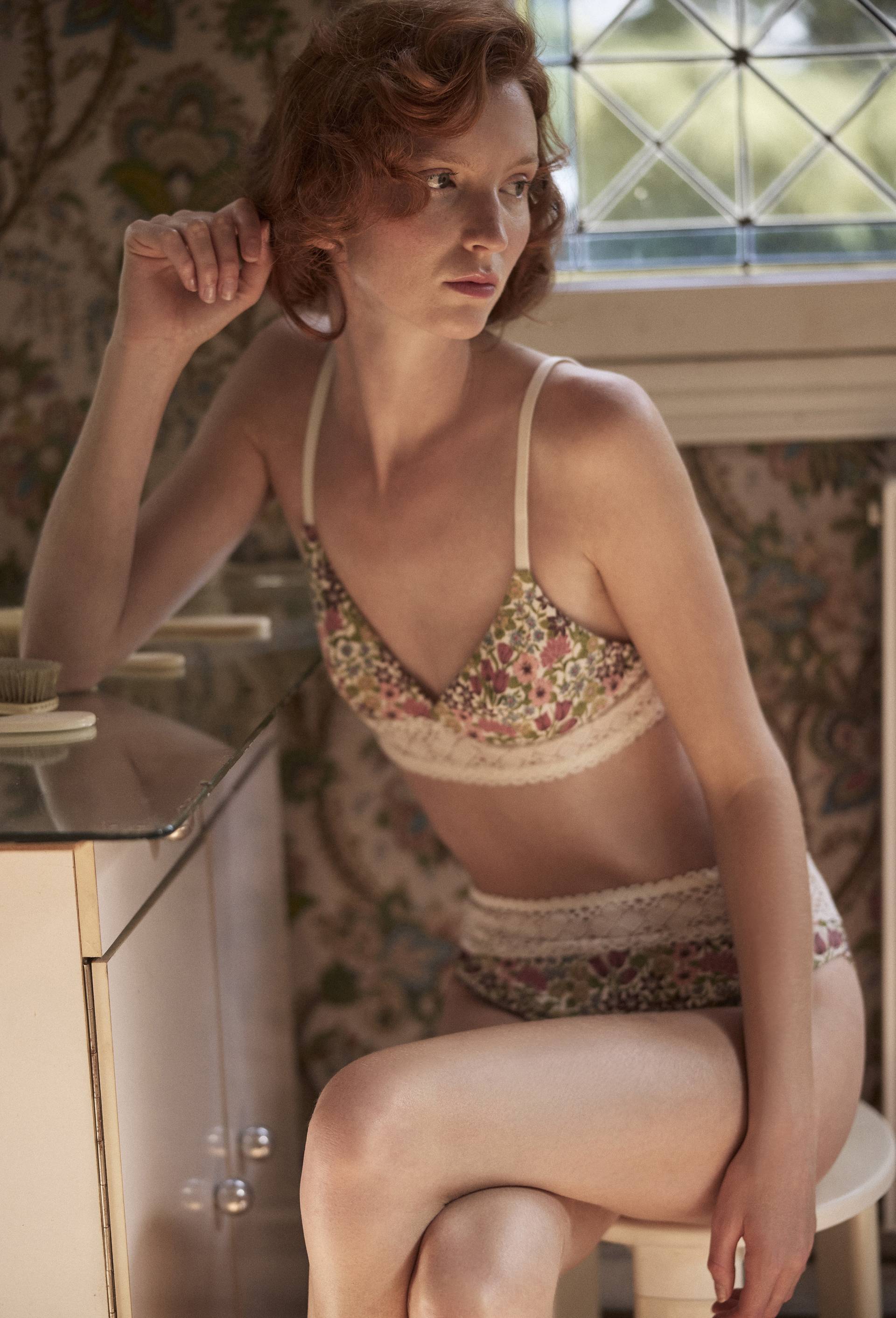 Brassi&egrave;re AMAR en coton imprim&eacute; avec dentelle, Beige clair, large image number 0