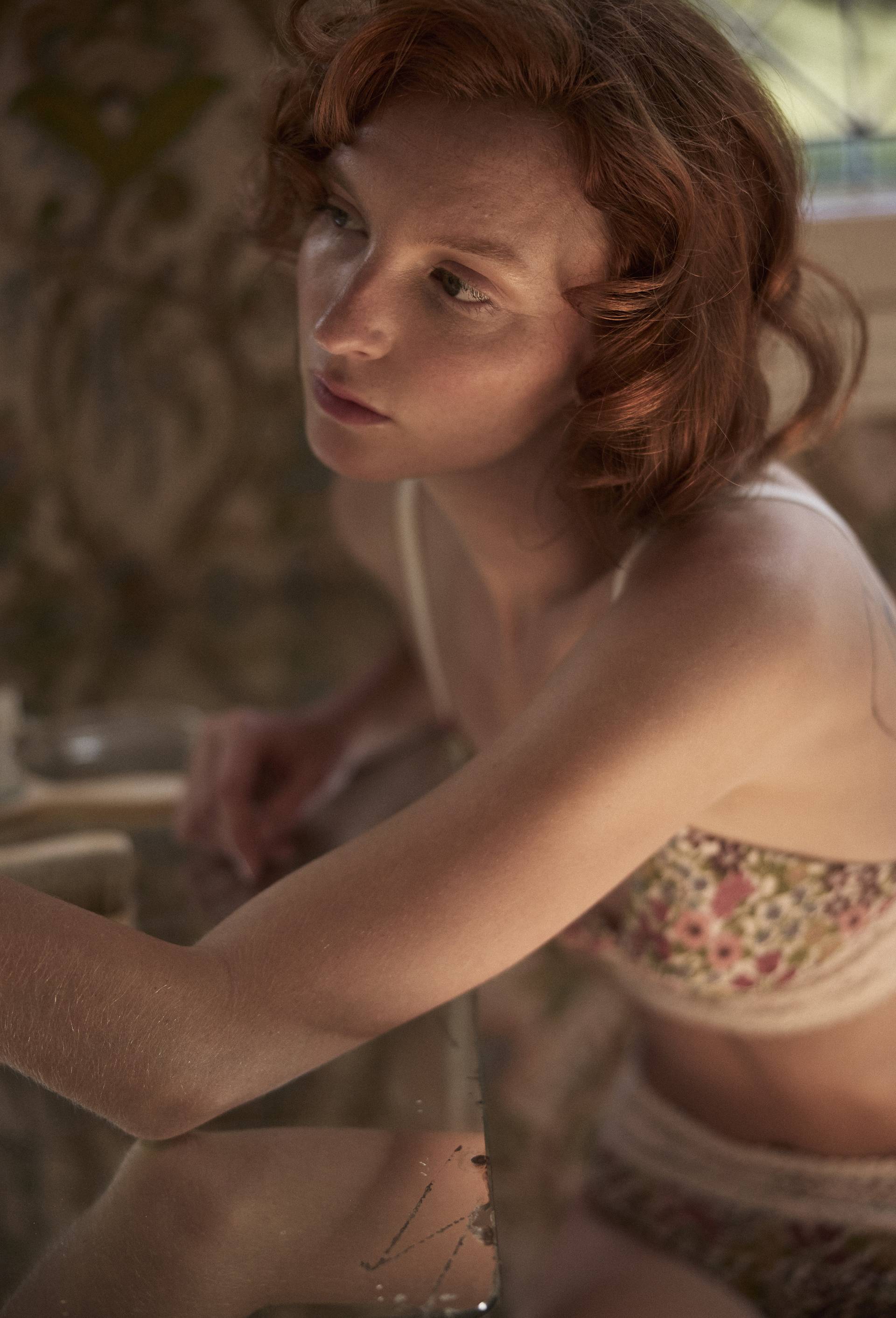 Brassi&egrave;re AMAR en coton imprim&eacute; avec dentelle, Beige clair, large image number 1