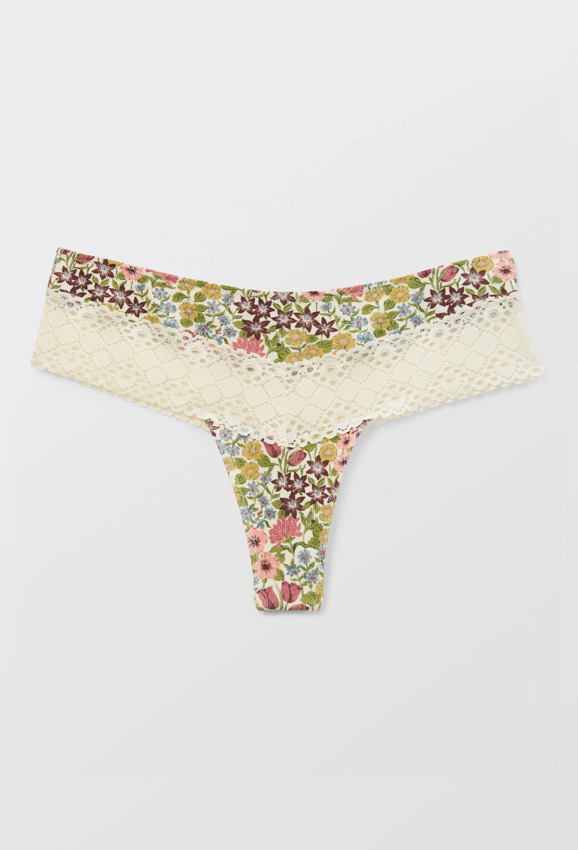 Tanga AMAR en coton imprim&eacute; avec dentelle, Beige clair, large image number 2