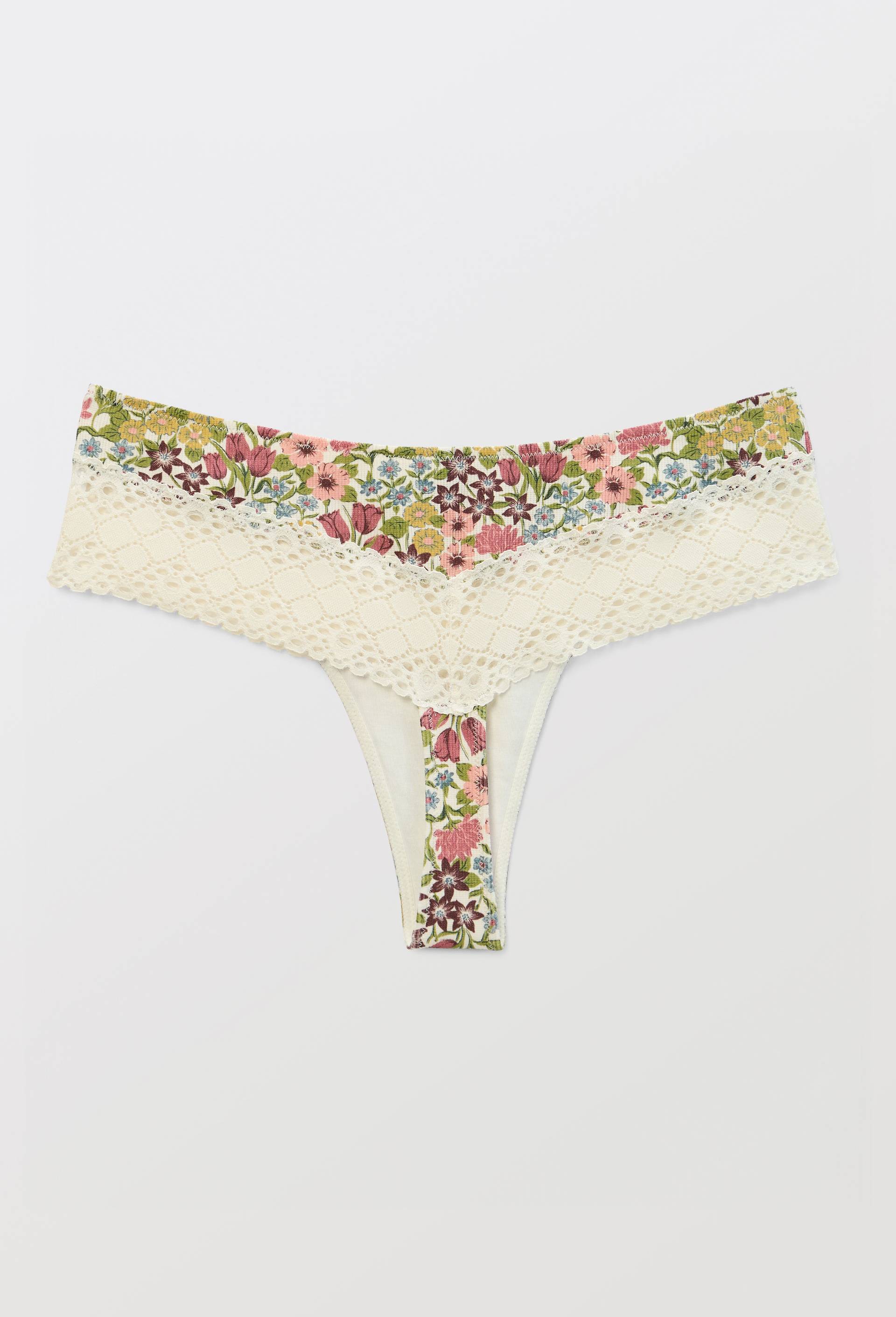 Tanga AMAR en coton imprim&eacute; avec dentelle, Beige clair, large image number 3
