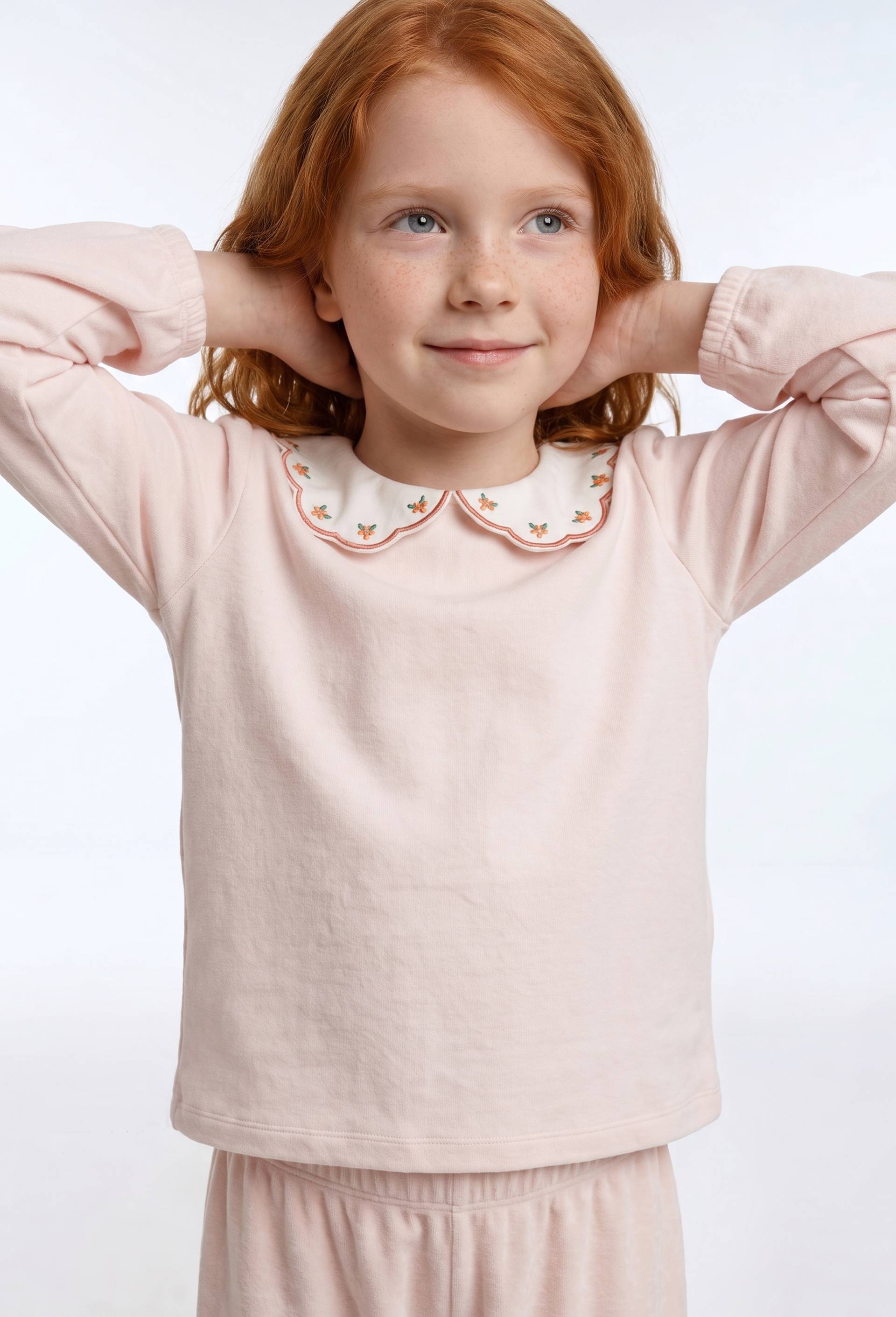 Pyjama velours manches longues avec col claudine uni en coton BIO GOTS, Rose clair, large image number 0