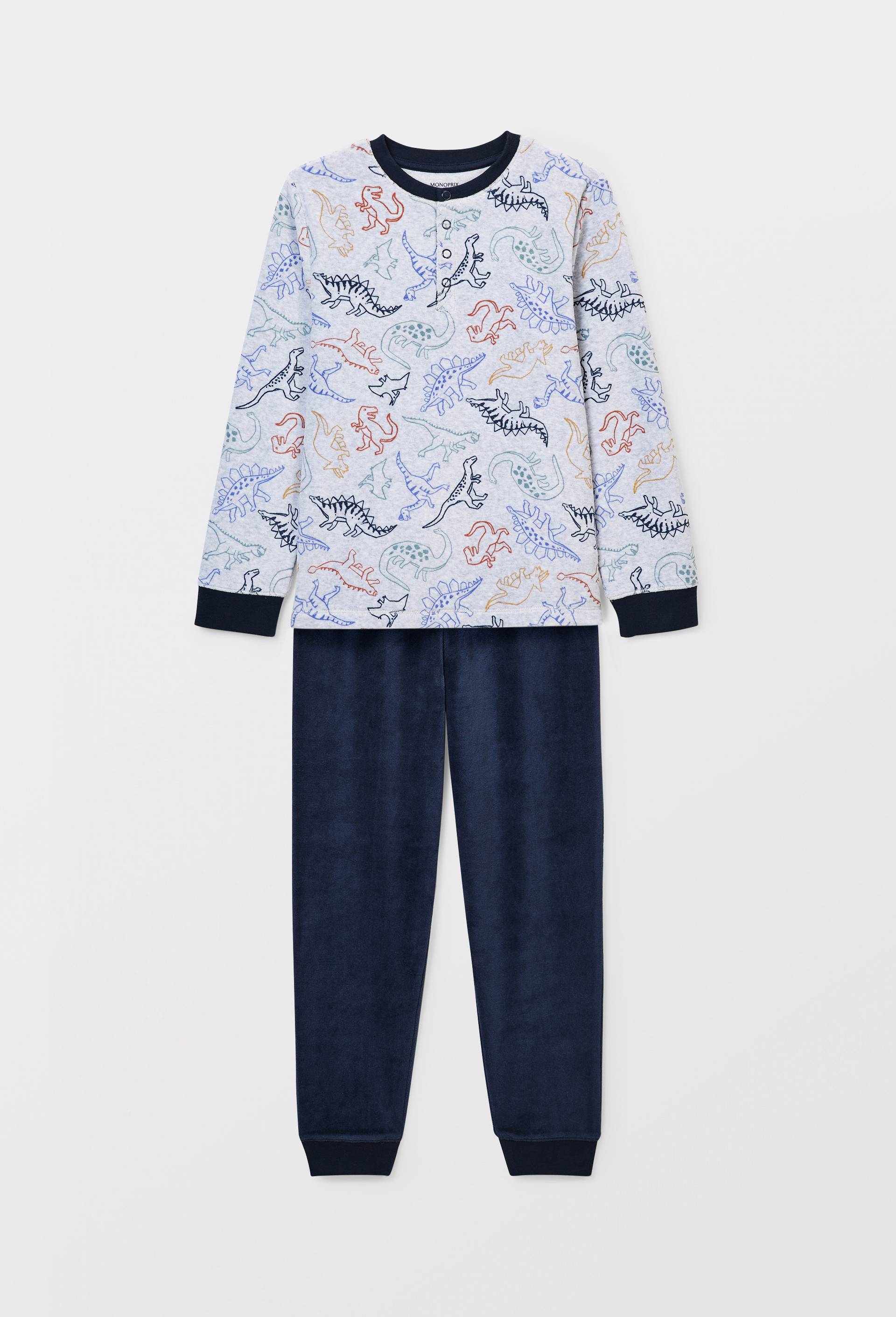 Pyjama velours manches longues imprim&eacute; contient du coton BIO GOTS, Gris, large image number 1