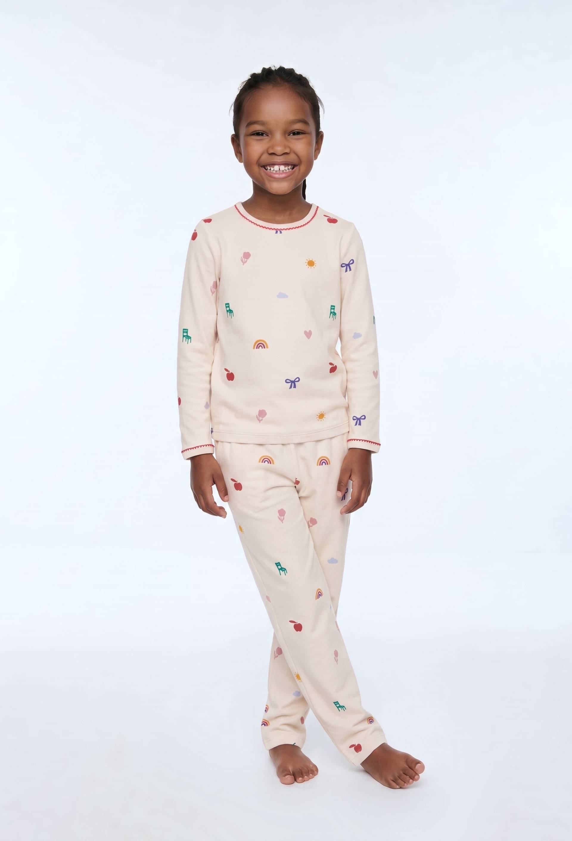 Pyjama velours manches longues imprim&eacute; en coton BIO GOTS, Beige clair, large image number 0.0