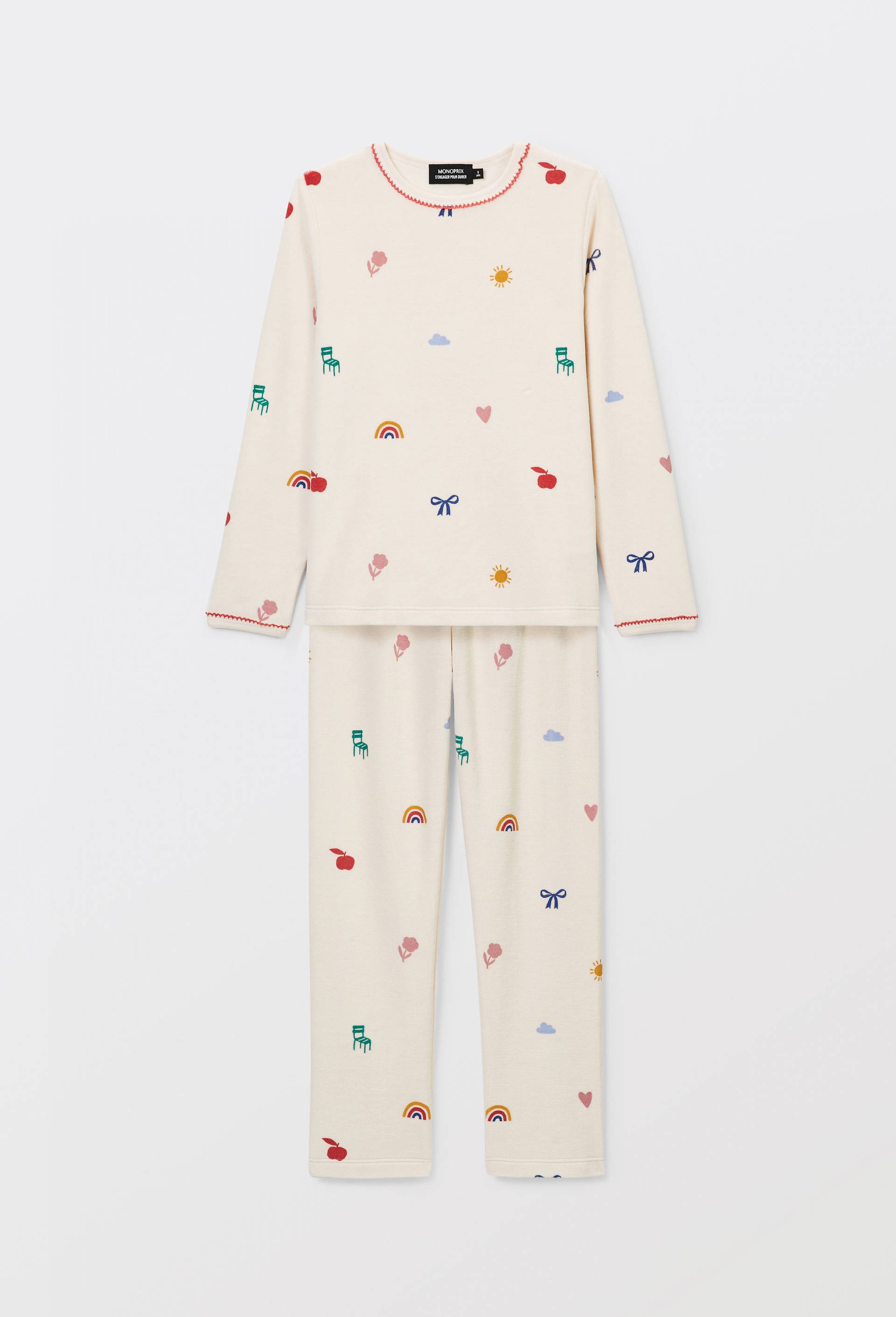 Pyjama velours manches longues imprim&eacute; en coton BIO GOTS, Beige clair, large image number 1.0