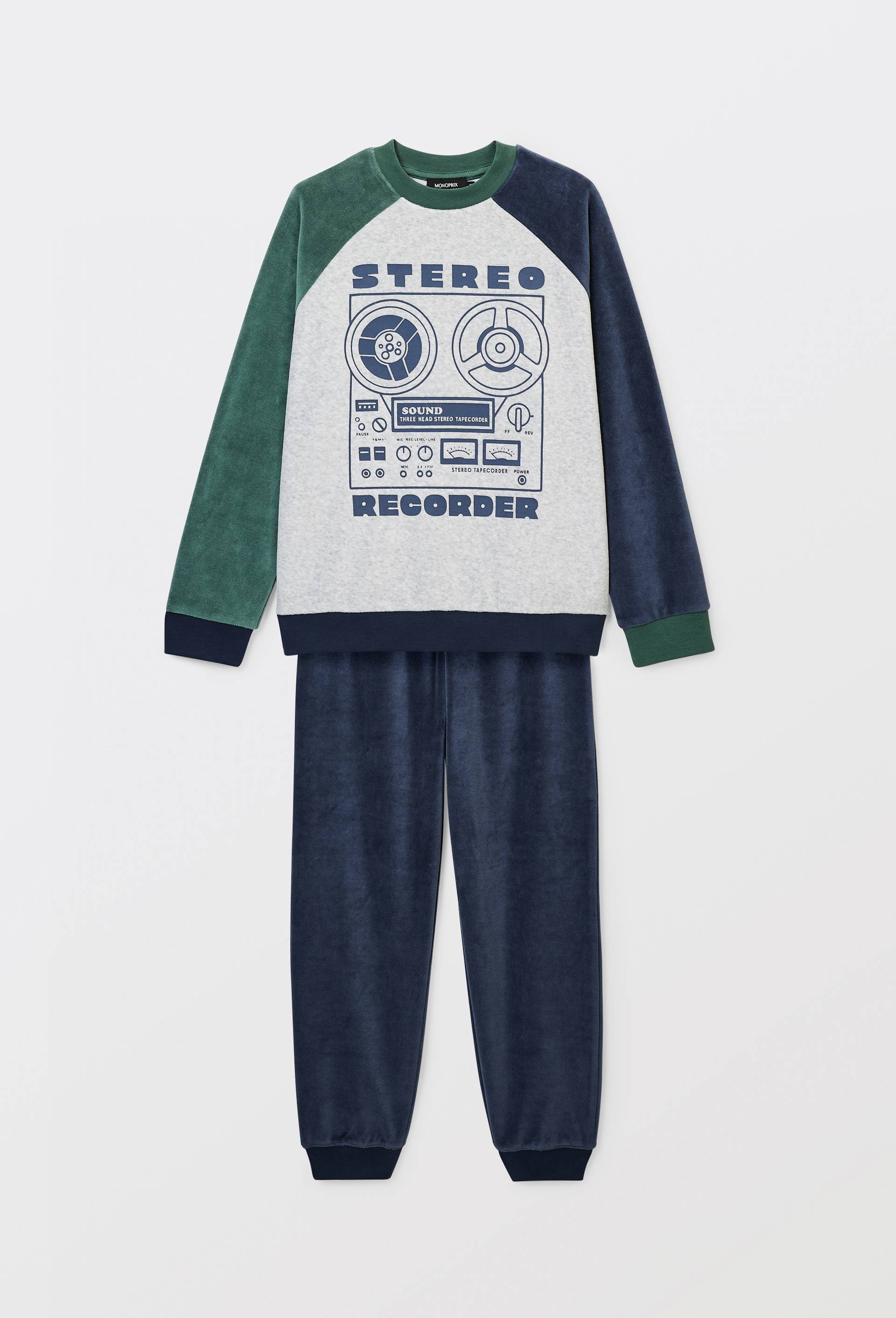 Pyjama velours manches longues imprim&eacute; en coton BIO GOTS, Bleu fonc&eacute;, large image number 1