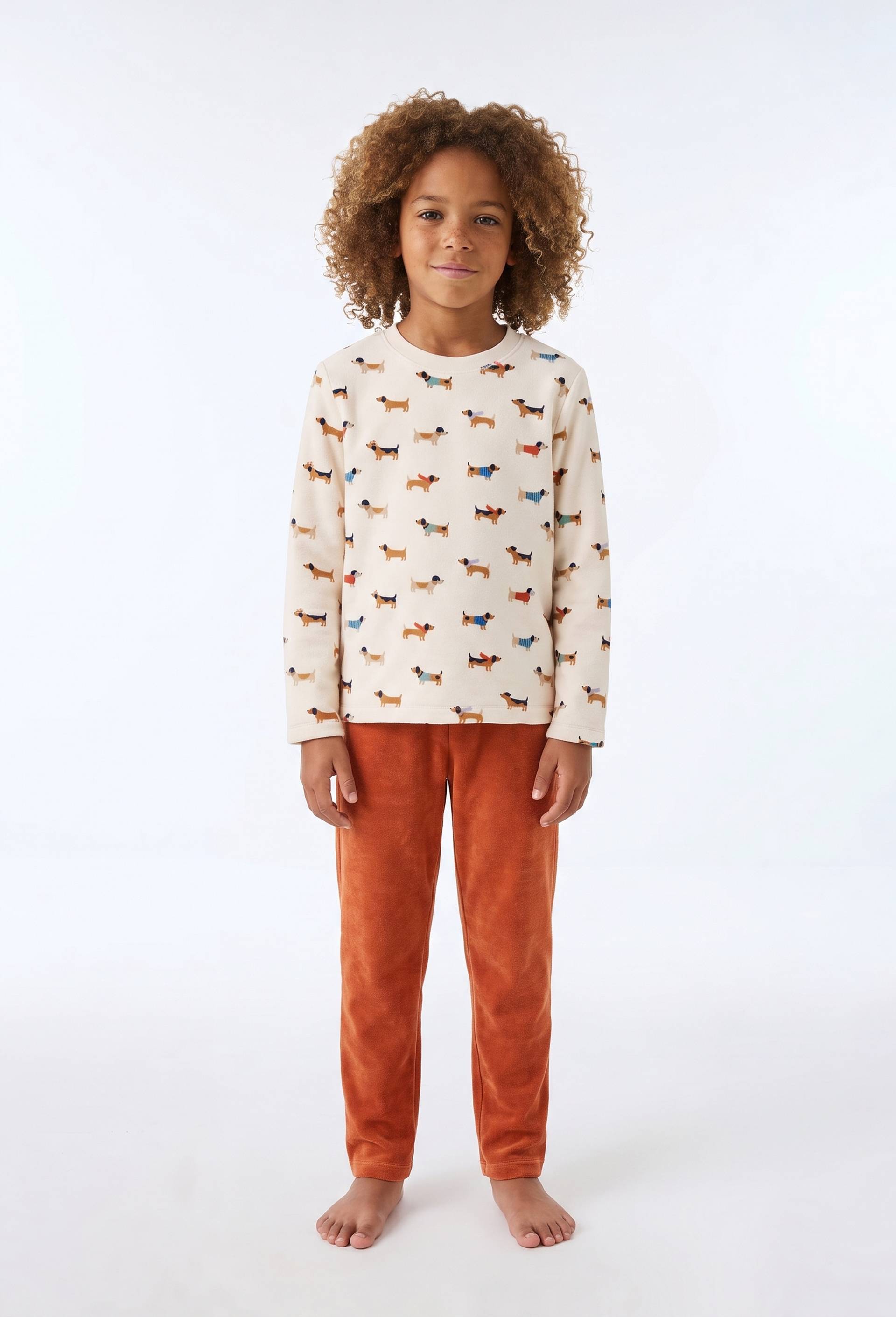 Pyjama velours manches longues imprim&eacute; en coton BIO GOTS, Orange fonc&eacute;, large image number 0